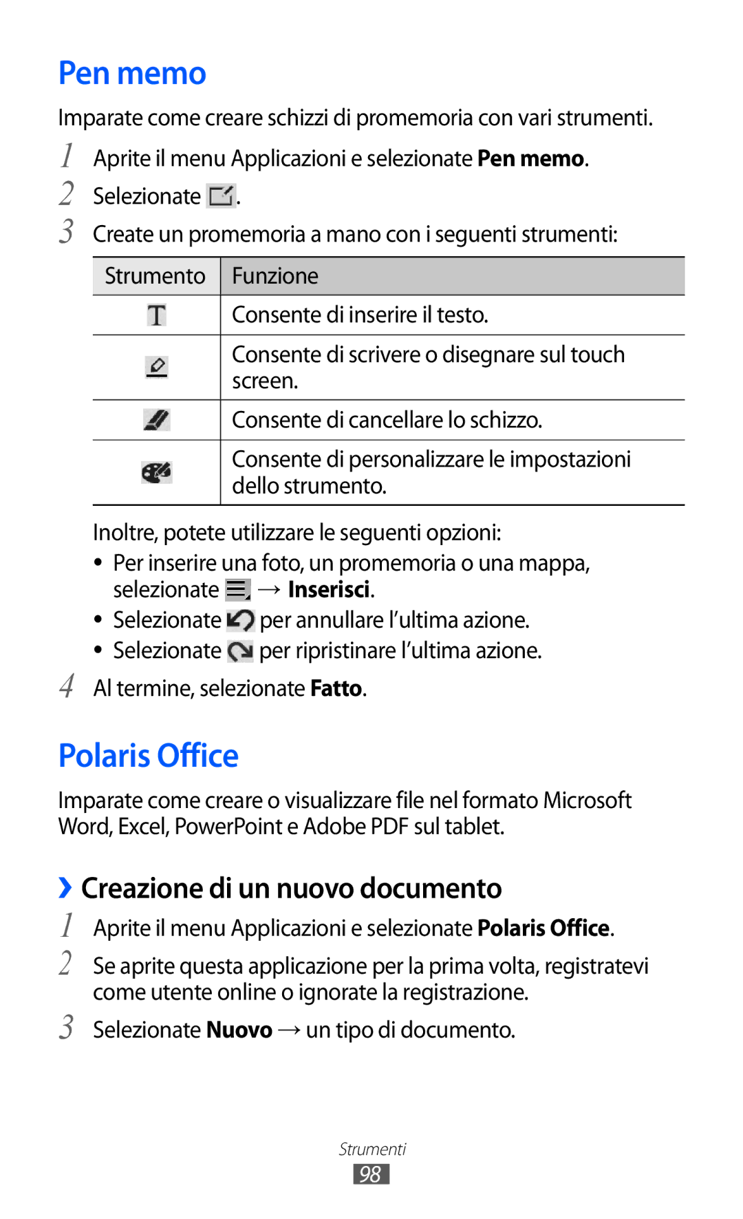 Samsung GT-P7300FKATIM, GT-P7300UWATUR, GT-P7300UWAITV manual Pen memo, Polaris Office, ››Creazione di un nuovo documento 