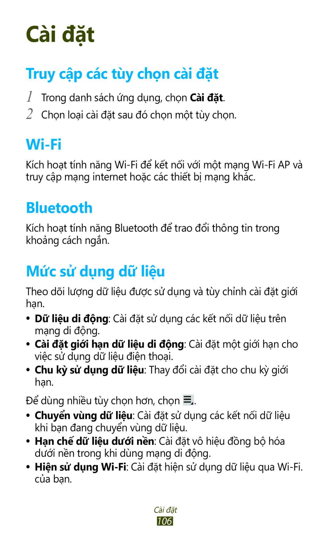 Samsung GT-P7300FKAXXV, GT-P7300UWAXEV, GT-P7300UWAXXV, GT-P7300FKAXEV Truy cập các tùy chọn cài đặt, Mưc sư dụng dữ liệu 