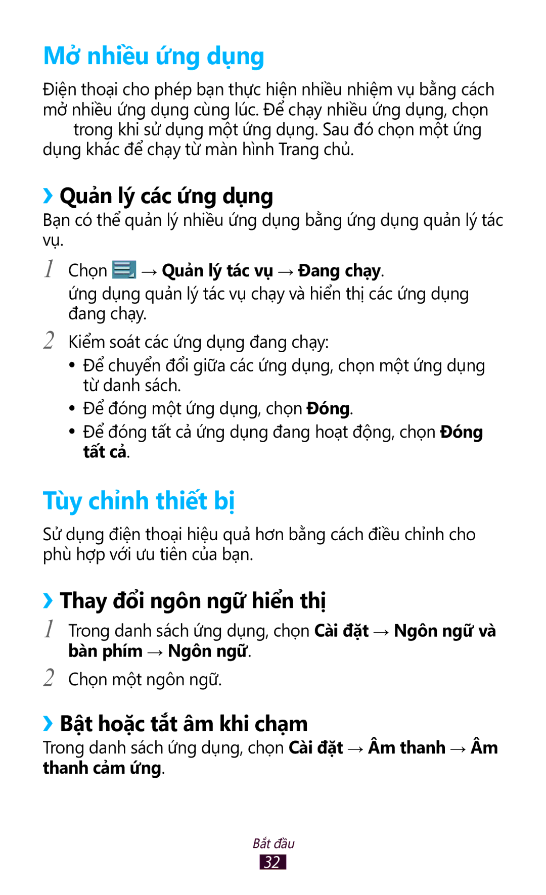 Samsung GT-P7300UWAXEV manual Mở nhiều ứng dụng, Tùy chỉnh thiết bị, ››Quản lý các ứng dụng, ››Thay đổi ngôn ngữ hiển thị 