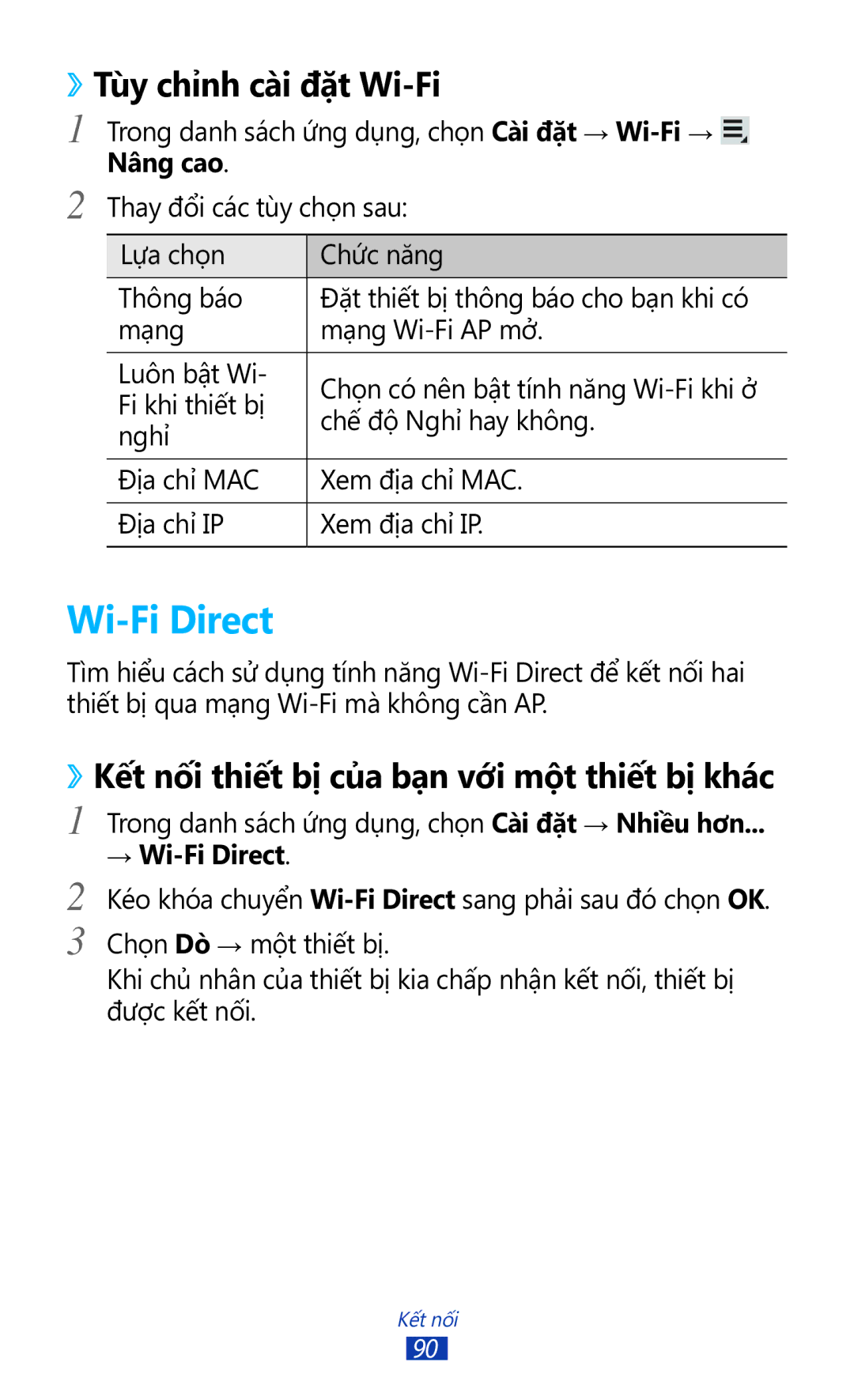 Samsung GT-P7300FKAXXV manual Wi-Fi Direct, ››Tùy chỉnh cài đặt Wi-Fi, ››Kết nối thiết bị của bạn với một thiết bị khác 