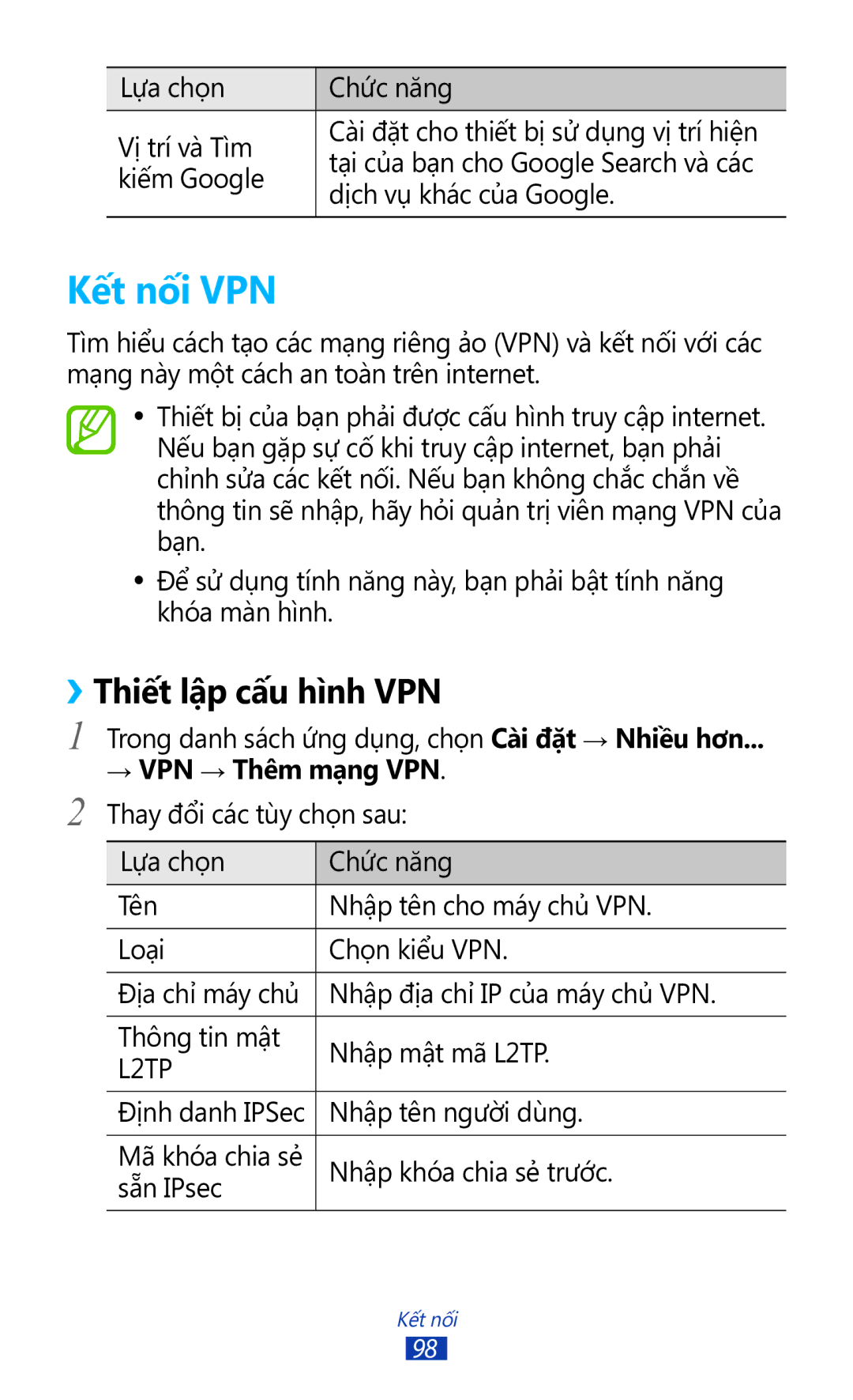 Samsung GT-P7300FKAXXV, GT-P7300UWAXEV, GT-P7300UWAXXV manual Kết nối VPN, ››Thiết lập cấu hì̀nh VPN, → VPN → Thêm mang VPN 