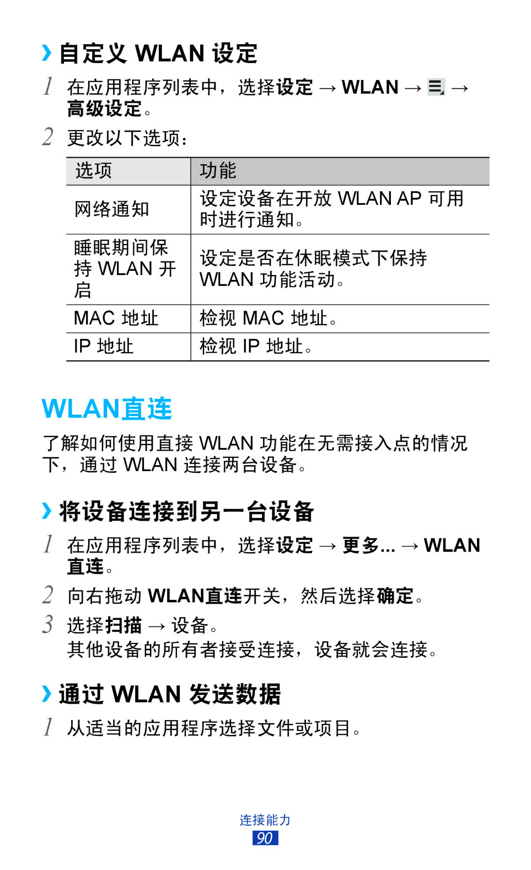 Samsung GT-P7300FKAXXV, GT-P7300UWAXEV, GT-P7300UWAXXV, GT-P7300FKAXEV manual ››自定义 Wlan 设定, ››将设备连接到另一台设备, ››通过 Wlan 发送数据 