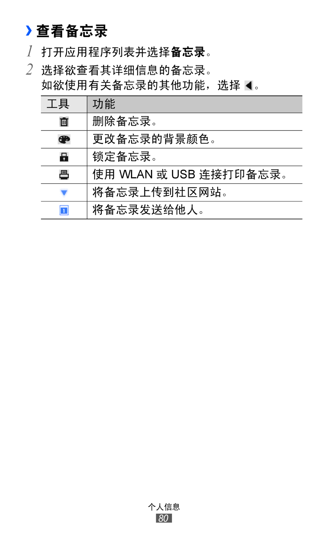 Samsung GT-P7300UWAXEV, GT-P7300UWAXXV, GT-P7300FKAXXV, GT-P7300FKAXEV manual ››查看备忘录 