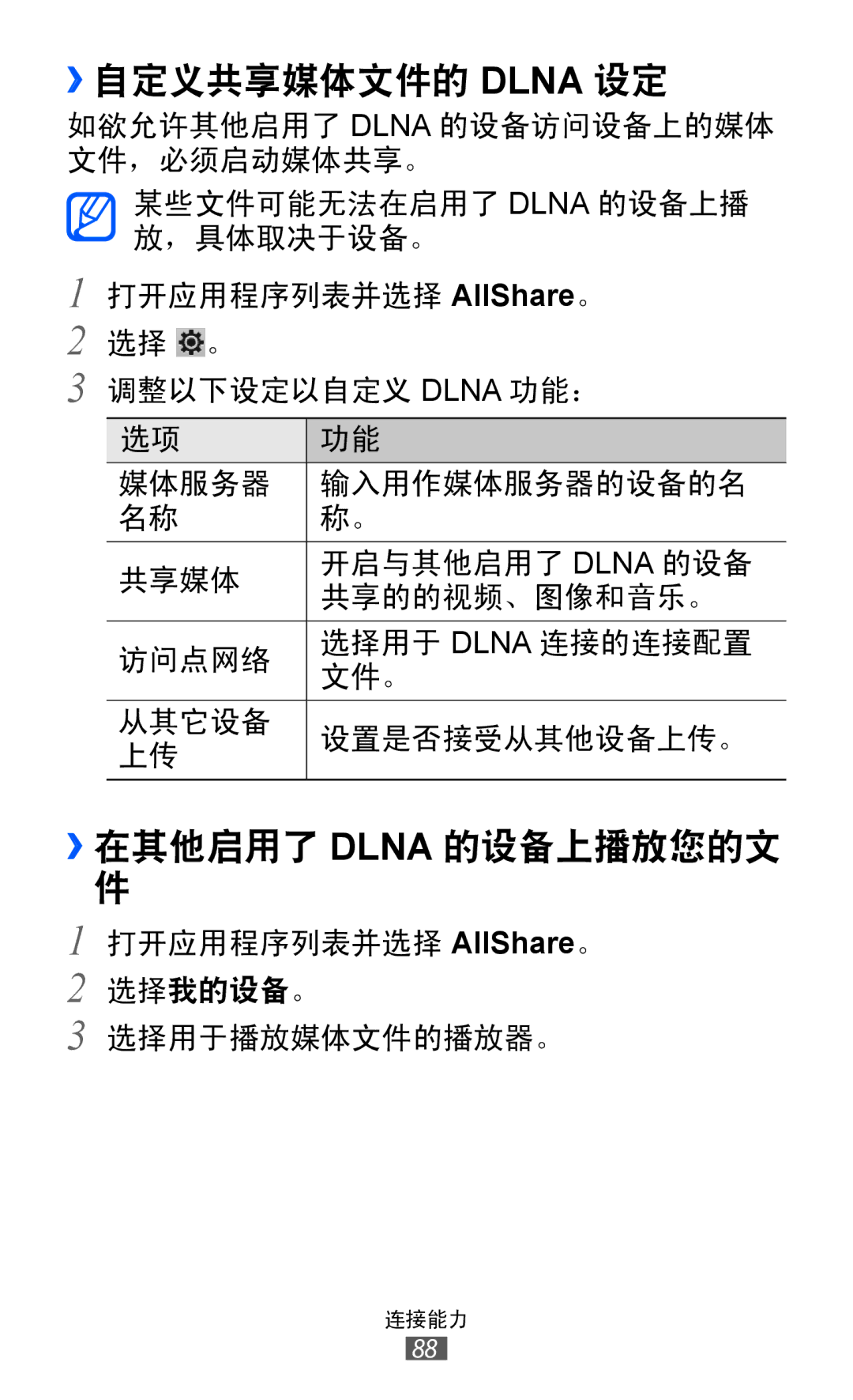 Samsung GT-P7300UWAXEV, GT-P7300UWAXXV, GT-P7300FKAXXV, GT-P7300FKAXEV manual ››自定义共享媒体文件的 Dlna 设定, ››在其他启用了 Dlna 的设备上播放您的文 