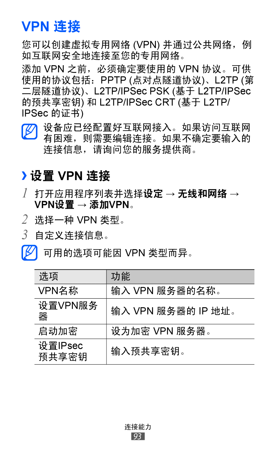 Samsung GT-P7300UWAXXV, GT-P7300UWAXEV, GT-P7300FKAXXV, GT-P7300FKAXEV manual ››设置 Vpn 连接 