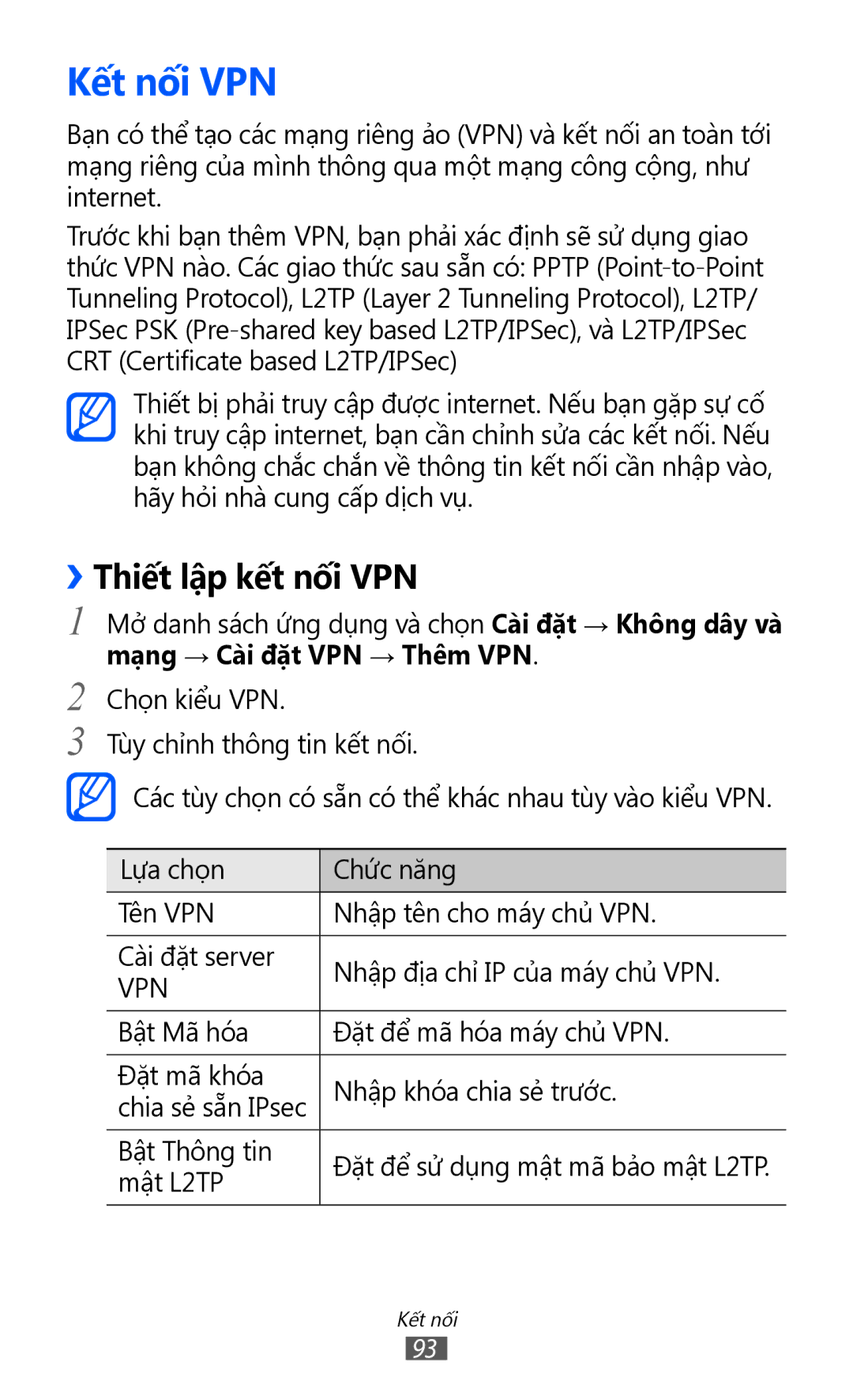 Samsung GT-P7300UWAXXV, GT-P7300UWAXEV, GT-P7300FKAXXV, GT-P7300FKAXEV manual Kết nối VPN, ››Thiết lập kết nối VPN 