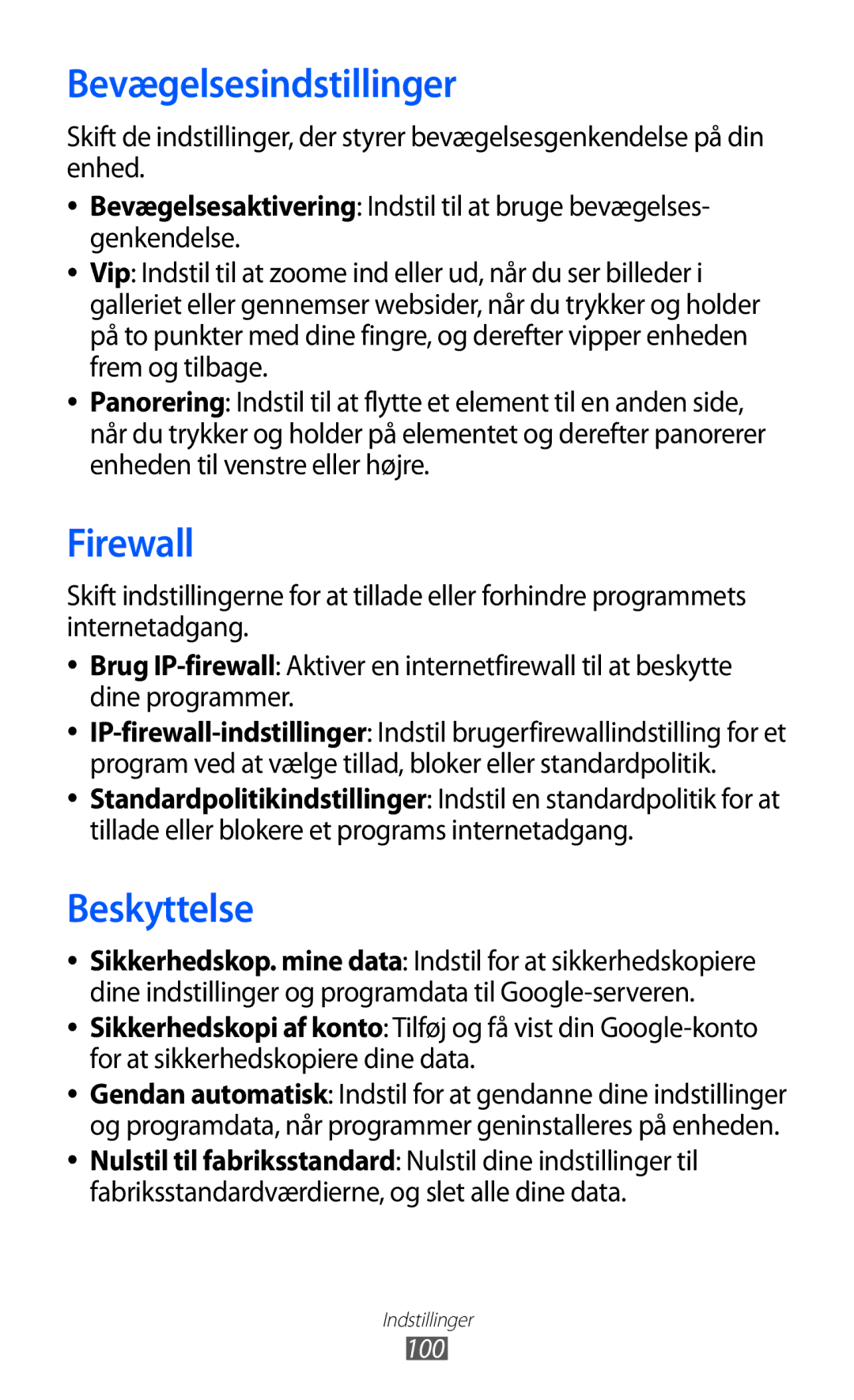 Samsung GT-P7310FKANEE, GT-P7310FKENEE, GT-P7310UWENEE, GT-P7310UWANEE manual Bevægelsesindstillinger, Firewall, Beskyttelse 