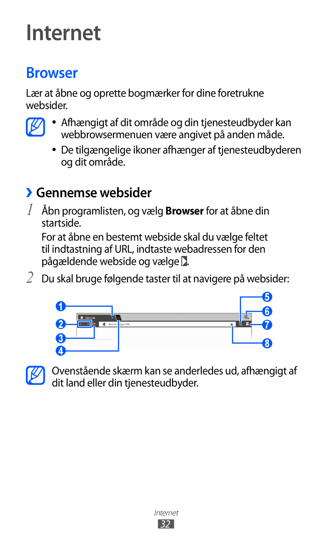 Samsung GT-P7310FKANEE, GT-P7310FKENEE, GT-P7310UWENEE, GT-P7310UWANEE manual Internet, Browser, ››Gennemse websider 
