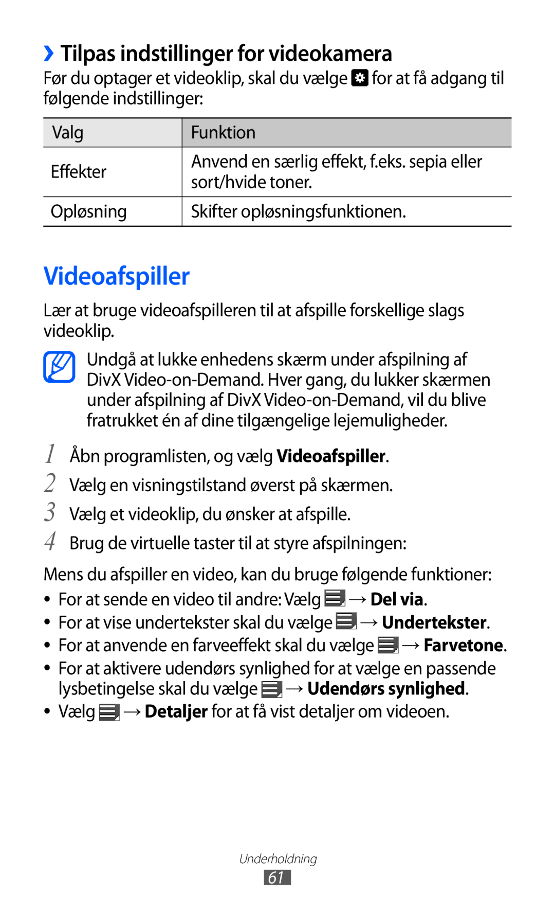 Samsung GT-P7310FKENEE Videoafspiller, ››Tilpas indstillinger for videokamera, Opløsning Skifter opløsningsfunktionen 