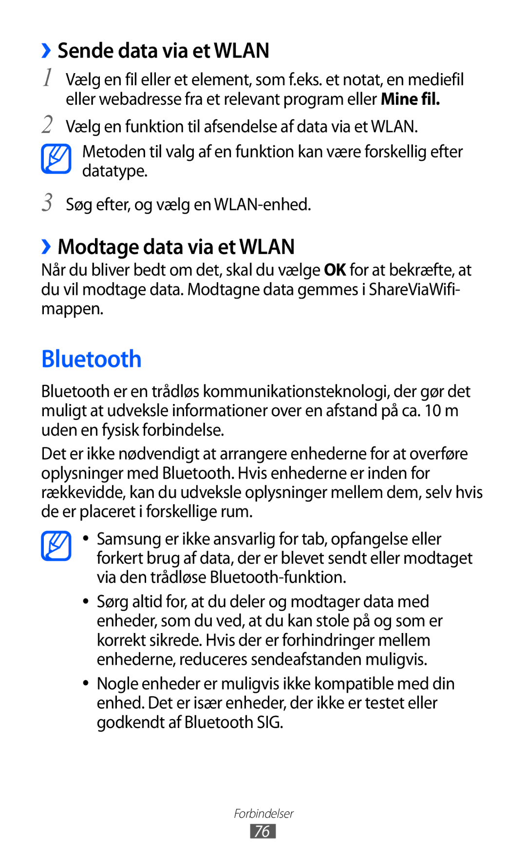 Samsung GT-P7310FKANEE, GT-P7310FKENEE, GT-P7310UWENEE manual Bluetooth, ››Sende data via et Wlan, ››Modtage data via et Wlan 