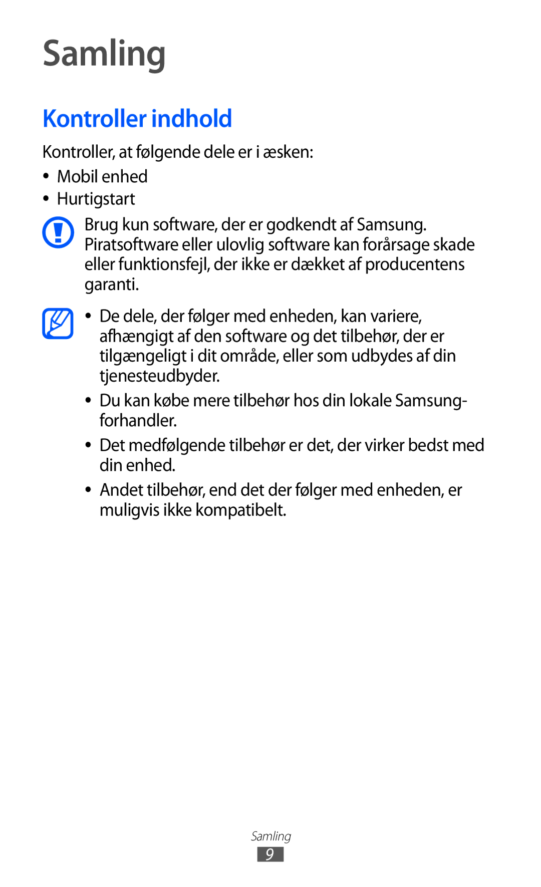 Samsung GT-P7310FKENEE, GT-P7310FKANEE, GT-P7310UWENEE, GT-P7310UWANEE manual Samling, Kontroller indhold 