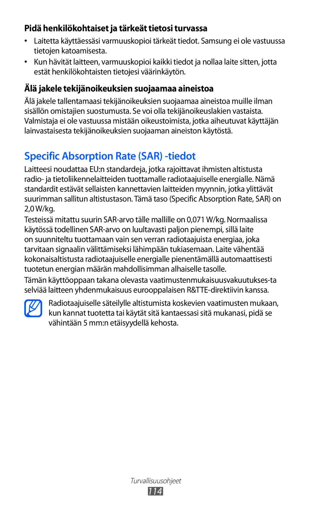 Samsung GT-P7310UWENEE, GT-P7310FKANEE, GT-P7310FKENEE, GT-P7310UWANEE manual Specific Absorption Rate SAR -tiedot 