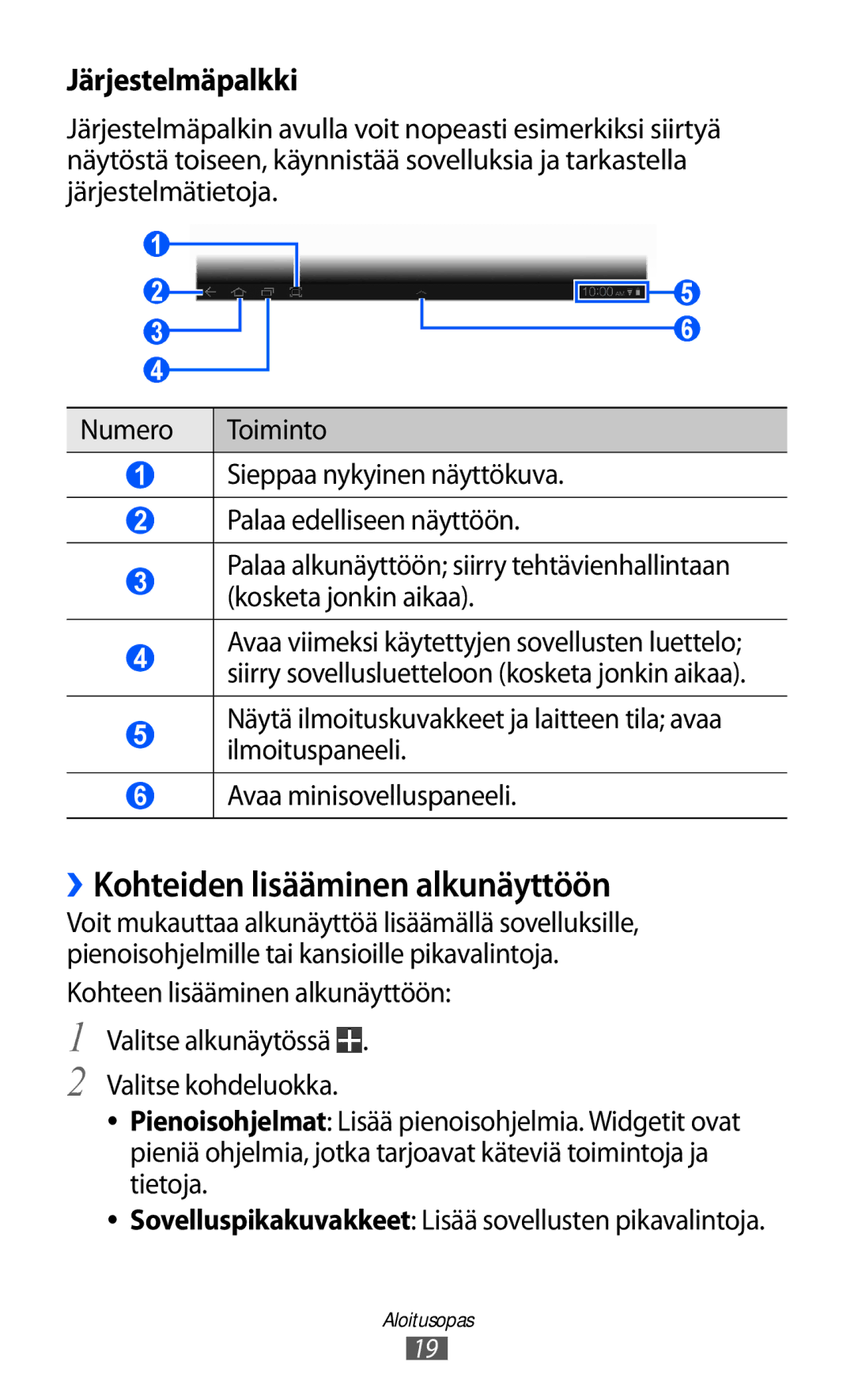 Samsung GT-P7310UWANEE, GT-P7310FKANEE, GT-P7310FKENEE manual ››Kohteiden lisääminen alkunäyttöön, Järjestelmäpalkki 