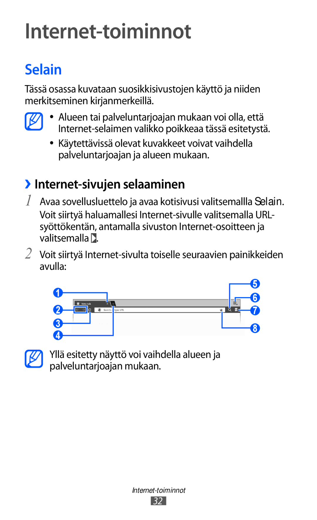 Samsung GT-P7310FKANEE, GT-P7310FKENEE, GT-P7310UWENEE manual Internet-toiminnot, Selain, ››Internet-sivujen selaaminen 