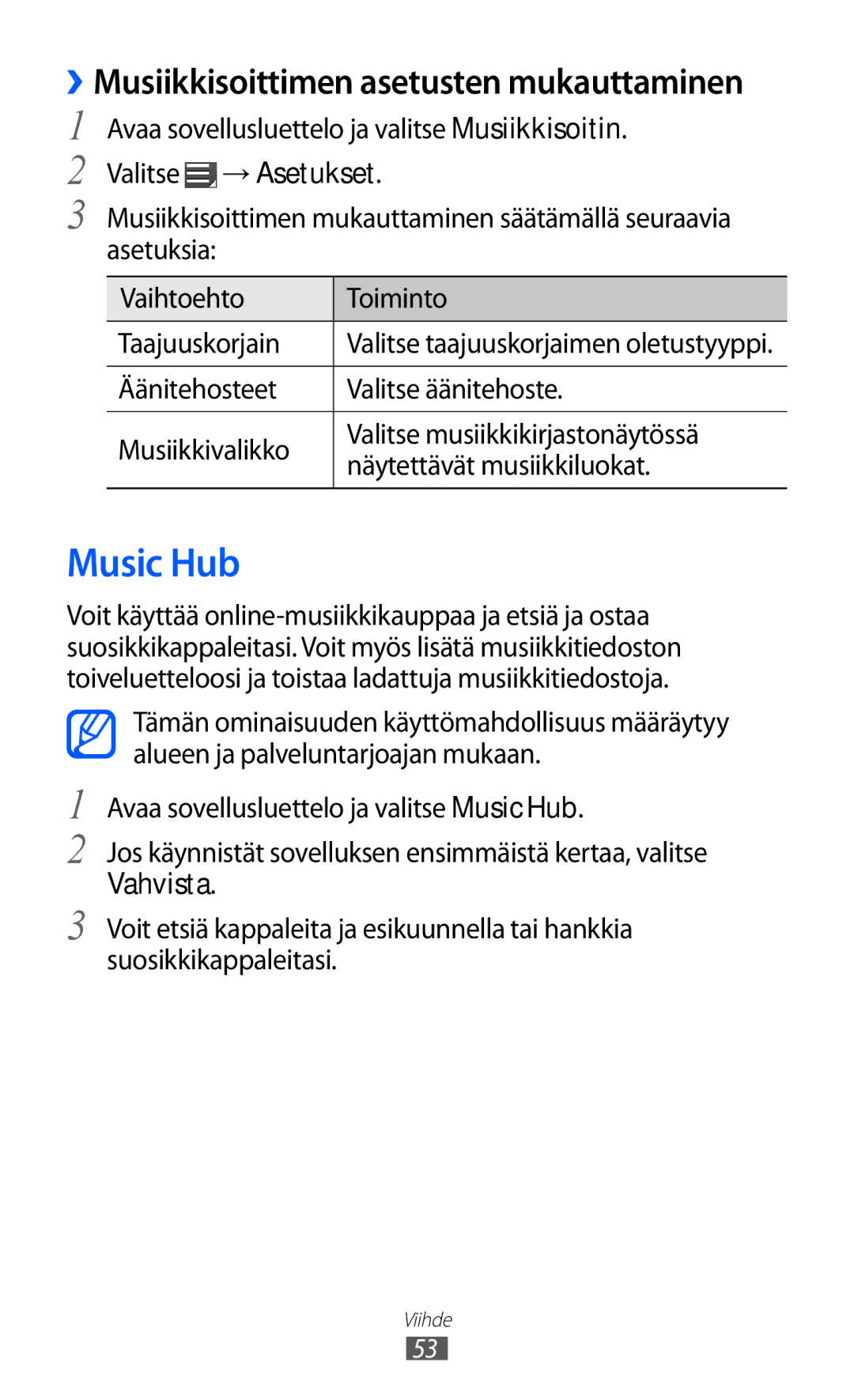 Samsung GT-P7310FKENEE, GT-P7310FKANEE, GT-P7310UWENEE manual Music Hub, ››Musiikkisoittimen asetusten mukauttaminen 