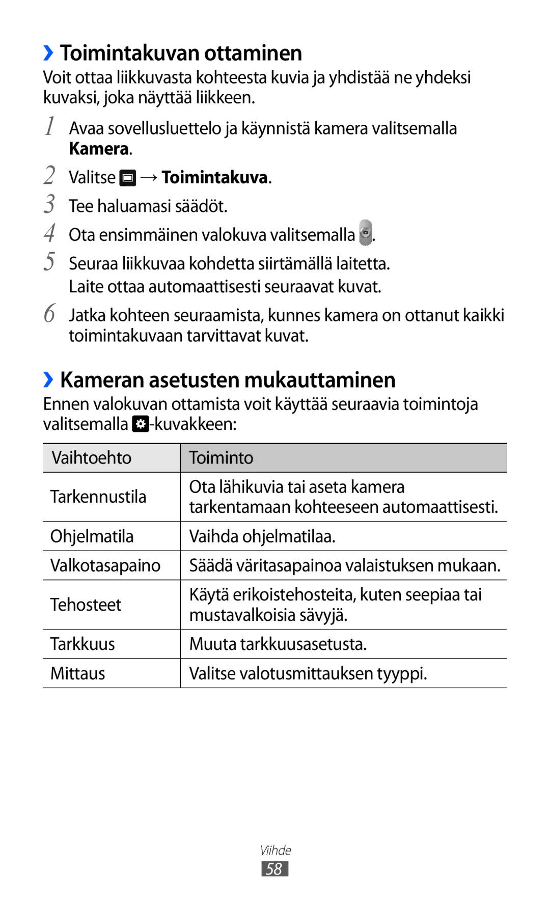 Samsung GT-P7310UWENEE manual ››Toimintakuvan ottaminen, ››Kameran asetusten mukauttaminen, Kamera Valitse → Toimintakuva 