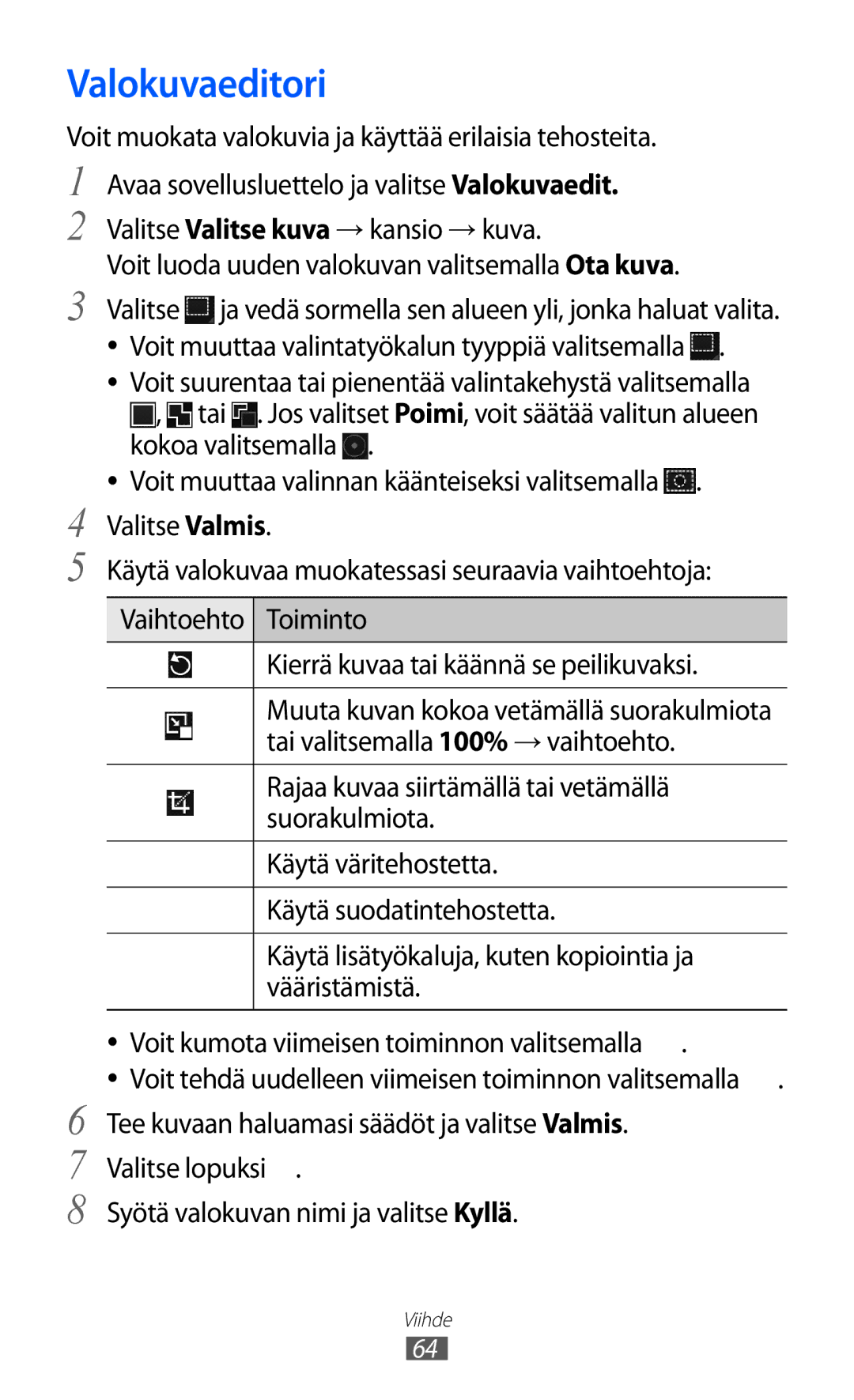 Samsung GT-P7310FKANEE, GT-P7310FKENEE manual Valokuvaeditori, Valitse lopuksi Syötä valokuvan nimi ja valitse Kyllä 