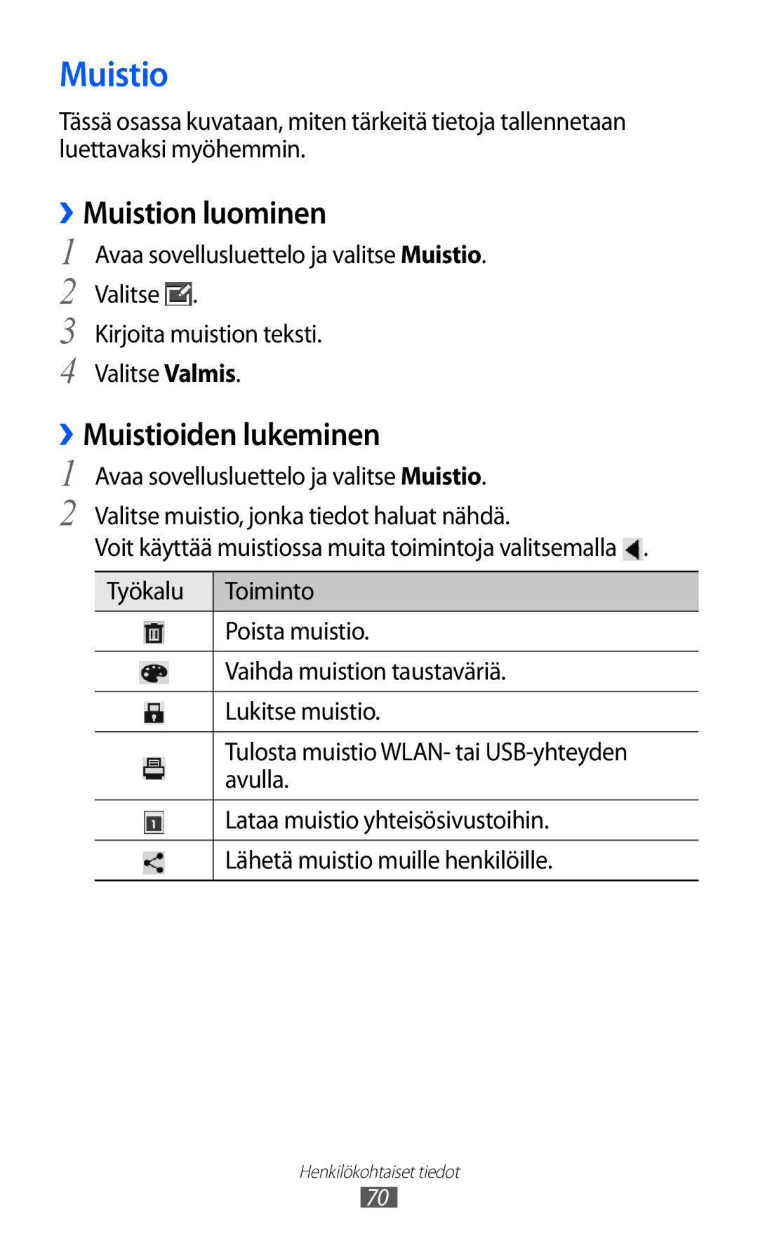 Samsung GT-P7310UWENEE, GT-P7310FKANEE, GT-P7310FKENEE, GT-P7310UWANEE manual ››Muistion luominen, ››Muistioiden lukeminen 