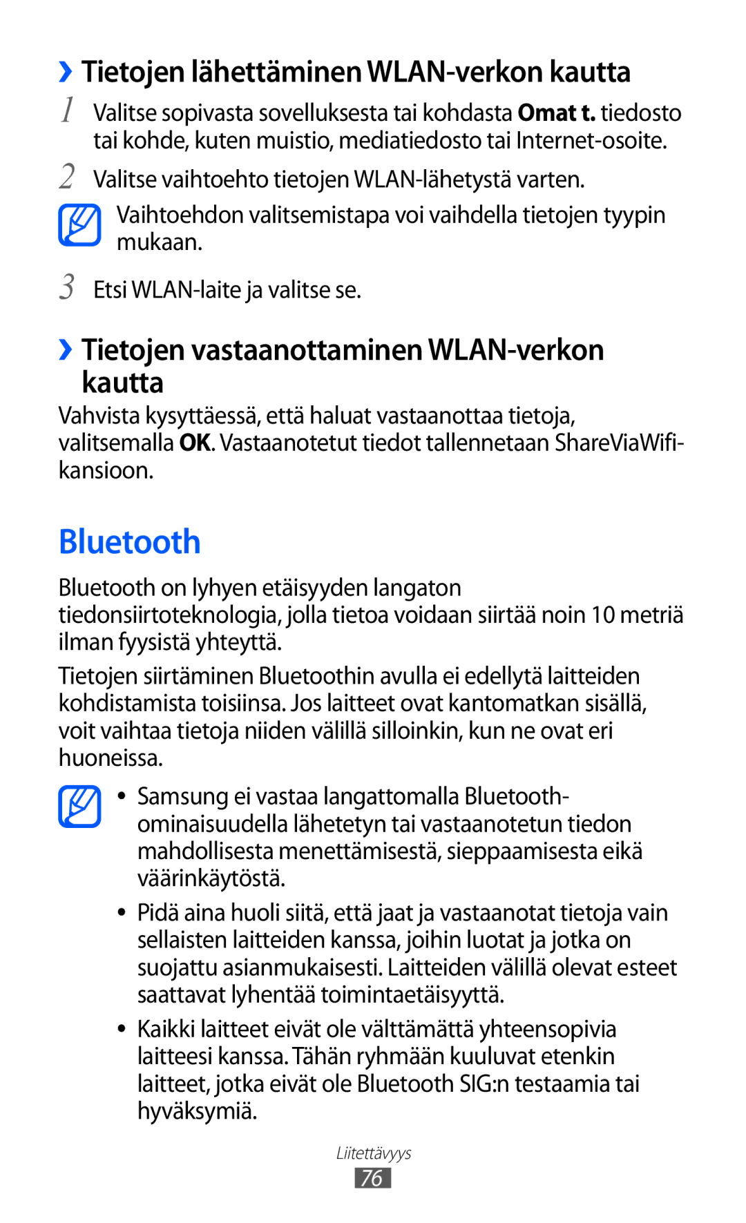 Samsung GT-P7310FKANEE, GT-P7310FKENEE, GT-P7310UWENEE manual Bluetooth, ››Tietojen vastaanottaminen WLAN-verkon kautta 