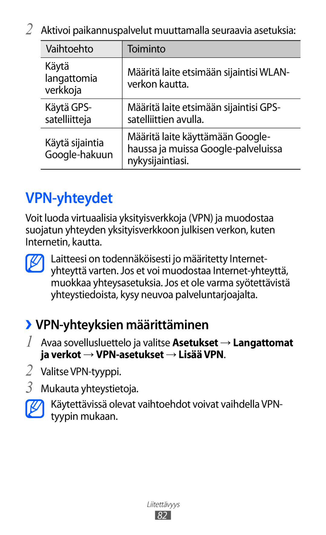 Samsung GT-P7310UWENEE, GT-P7310FKANEE VPN-yhteydet, ››VPN-yhteyksien määrittäminen, Ja verkot → VPN-asetukset → Lisää VPN 