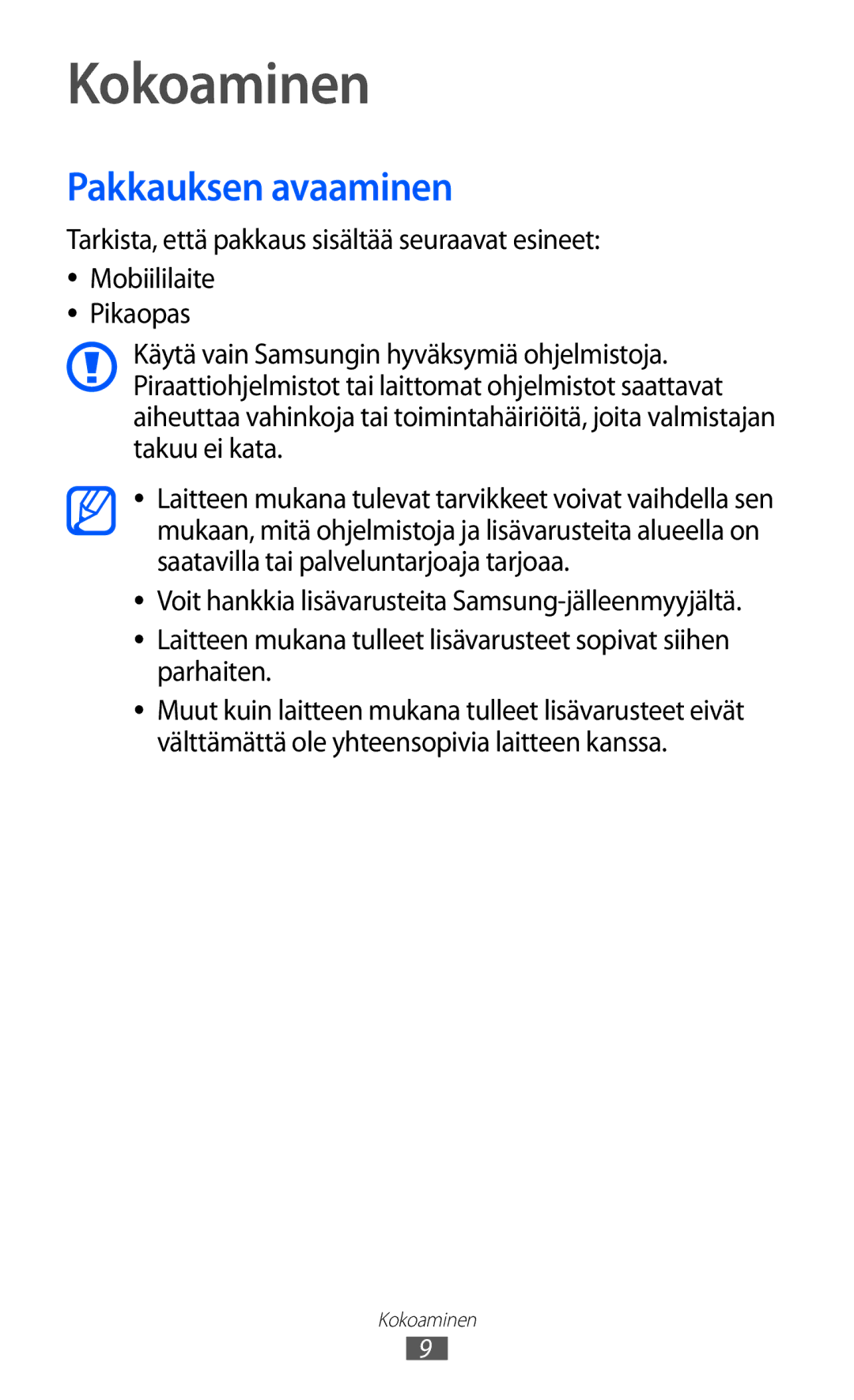 Samsung GT-P7310FKENEE, GT-P7310FKANEE, GT-P7310UWENEE, GT-P7310UWANEE manual Kokoaminen, Pakkauksen avaaminen 