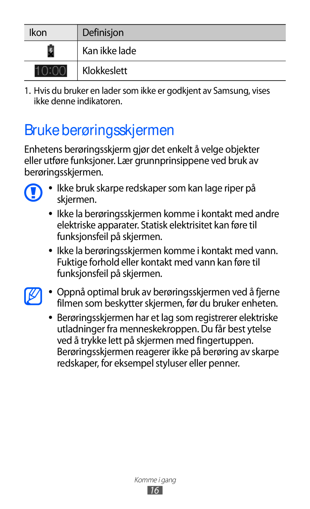 Samsung GT-P7310FKANEE, GT-P7310FKENEE, GT-P7310UWENEE Bruke berøringsskjermen, Ikon Definisjon Kan ikke lade Klokkeslett 