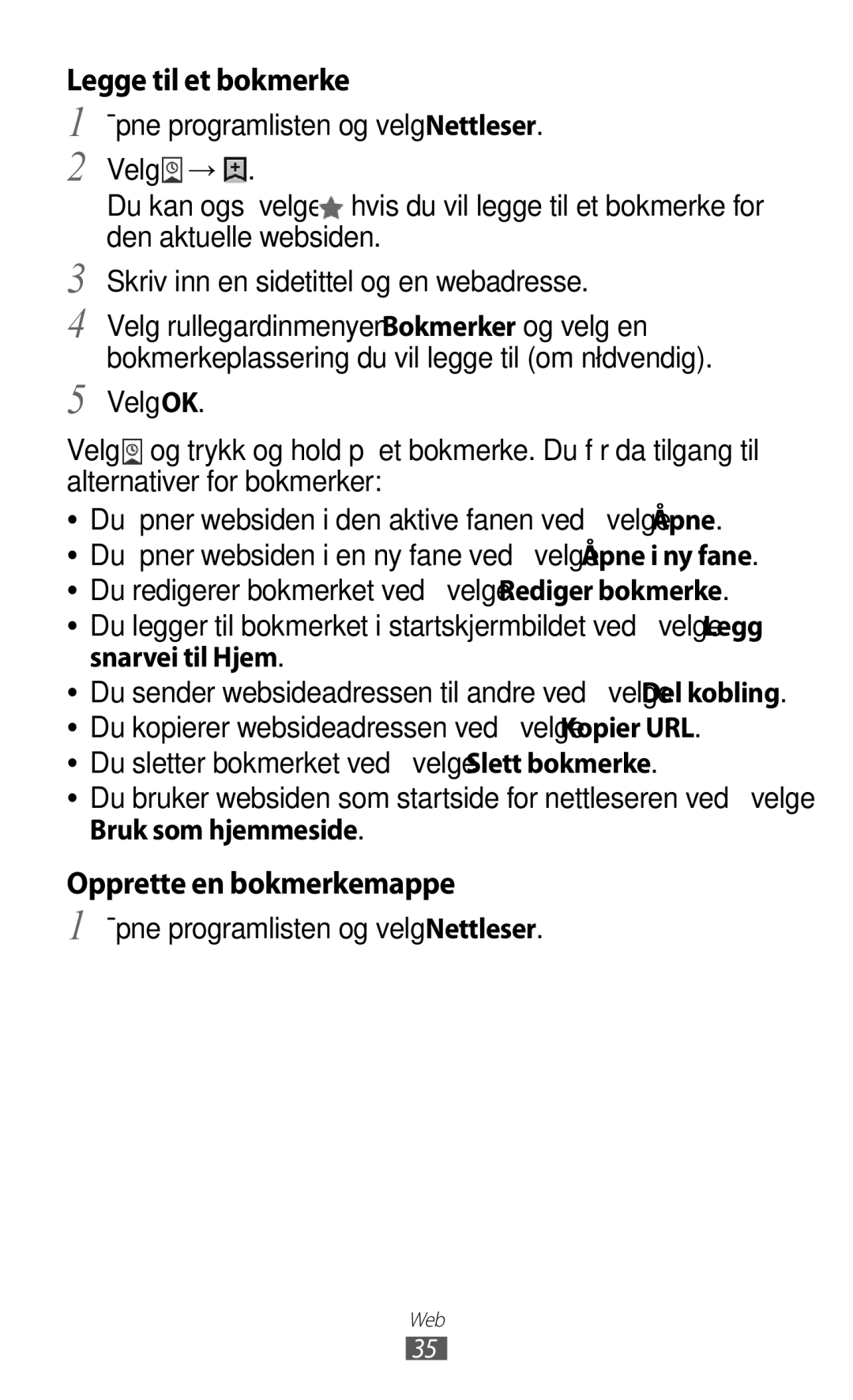 Samsung GT-P7310UWANEE, GT-P7310FKANEE, GT-P7310FKENEE manual Legge til et bokmerke, Åpne programlisten og velg Nettleser 