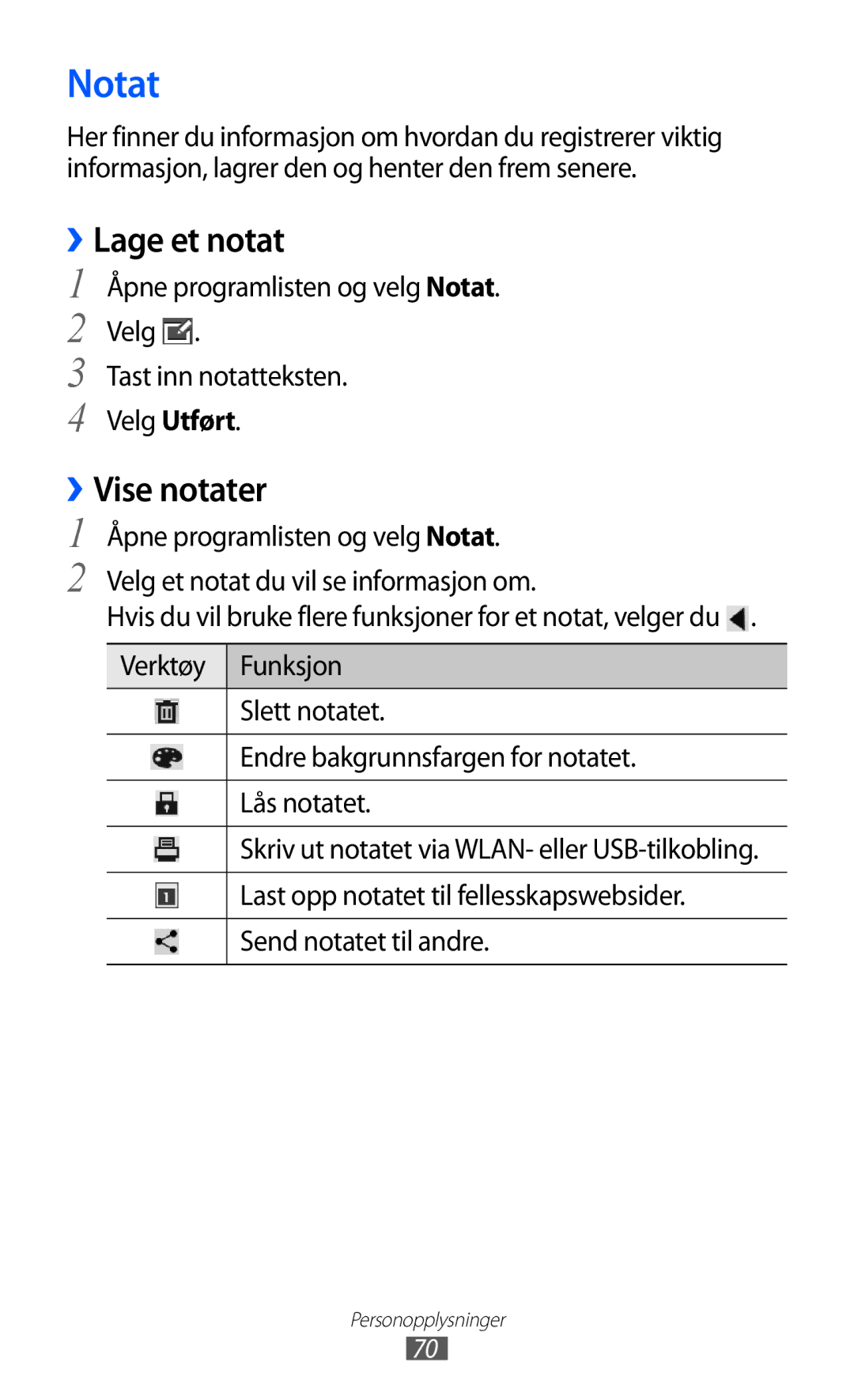 Samsung GT-P7310UWENEE, GT-P7310FKANEE, GT-P7310FKENEE, GT-P7310UWANEE manual Notat, ››Lage et notat, ››Vise notater 