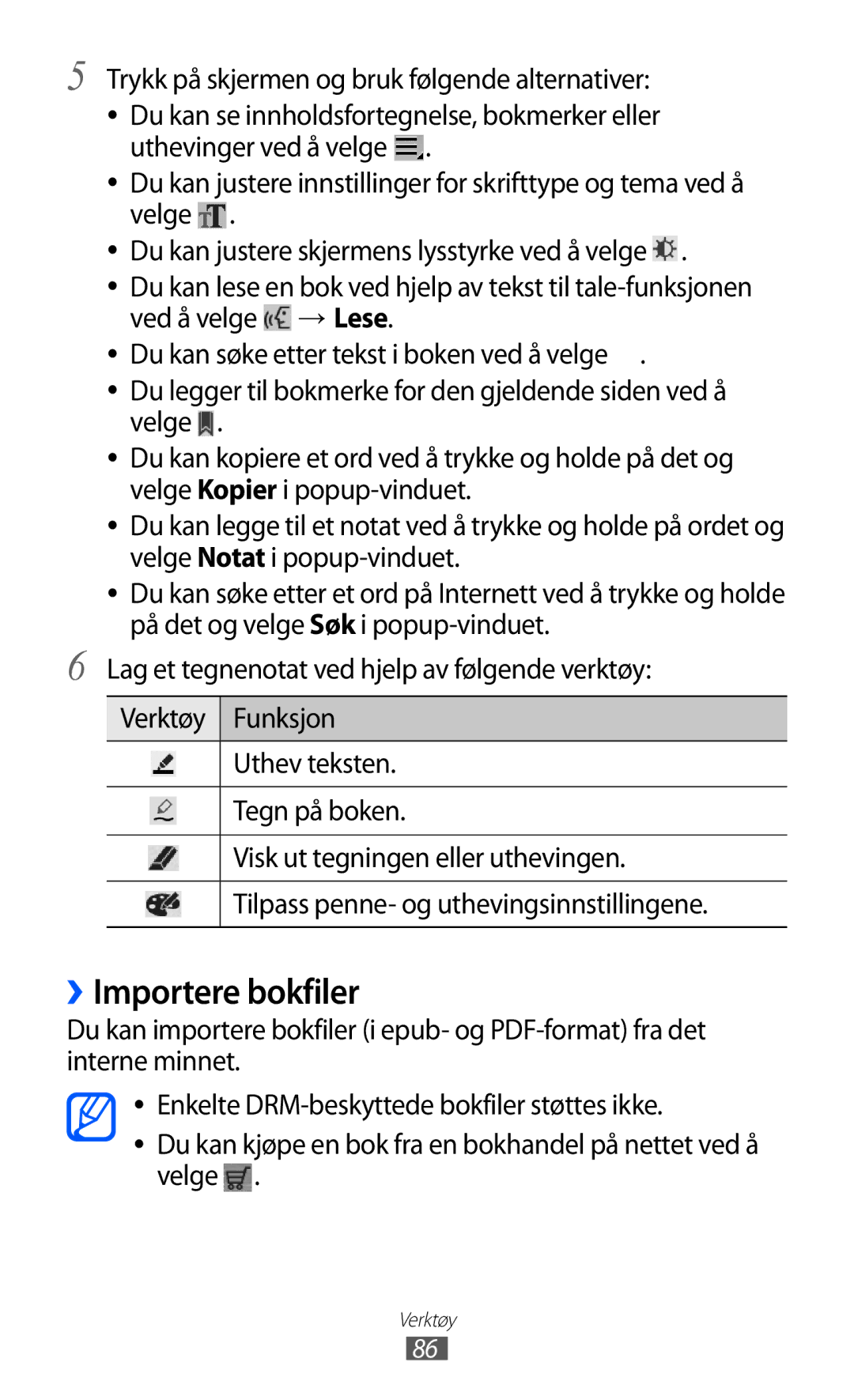 Samsung GT-P7310UWENEE, GT-P7310FKANEE manual ››Importere bokfiler, Trykk på skjermen og bruk følgende alternativer 