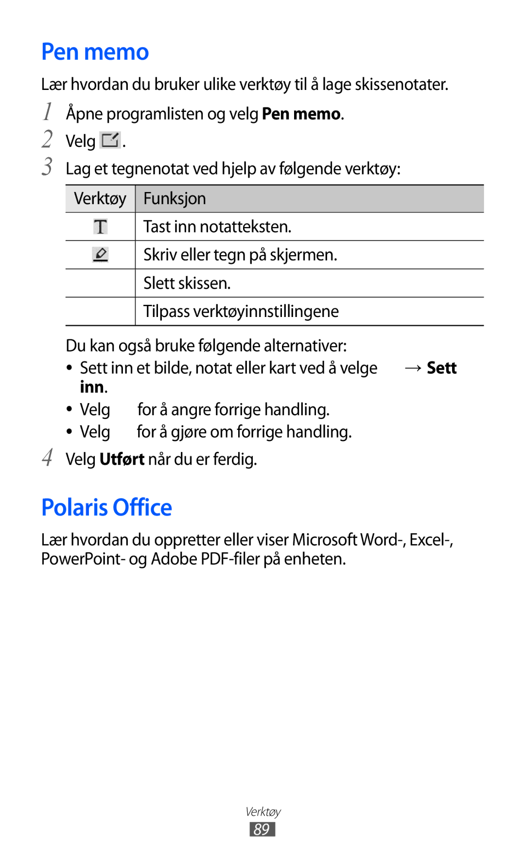 Samsung GT-P7310FKENEE, GT-P7310FKANEE, GT-P7310UWENEE, GT-P7310UWANEE manual Pen memo, Polaris Office, Inn 