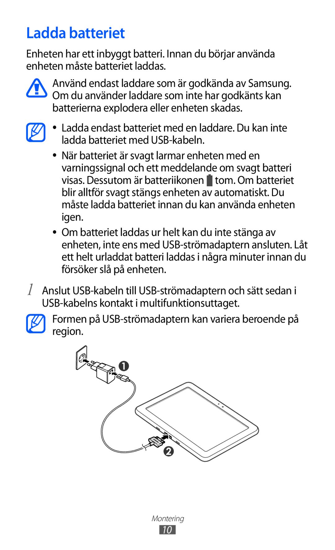 Samsung GT-P7310UWENEE, GT-P7310FKANEE, GT-P7310FKENEE, GT-P7310UWANEE manual Ladda batteriet 