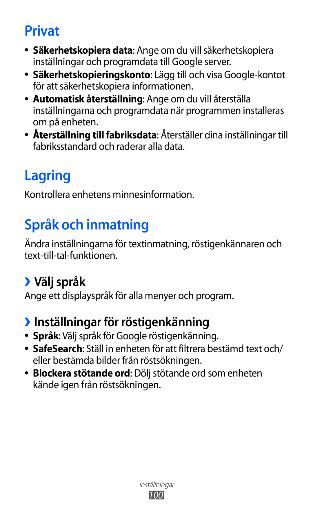 Samsung GT-P7310FKANEE manual Privat, Lagring, Språk och inmatning, ››Välj språk, ››Inställningar för röstigenkänning 