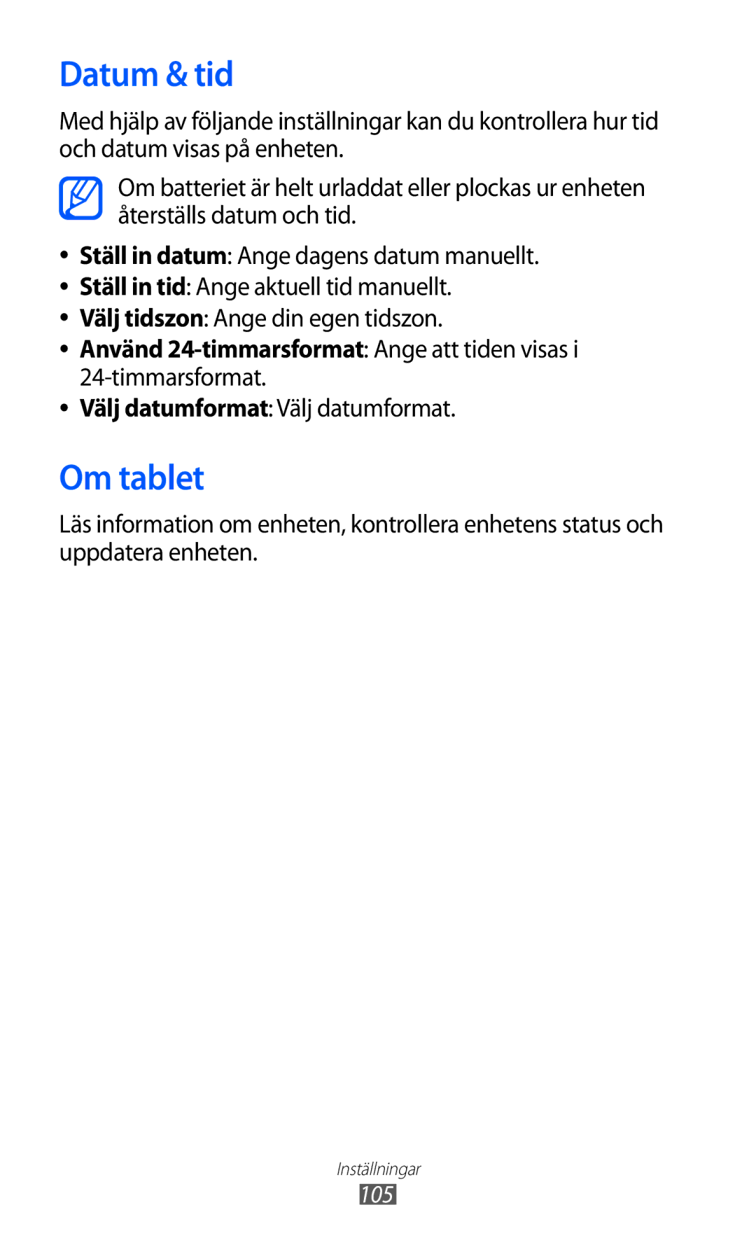 Samsung GT-P7310FKENEE, GT-P7310FKANEE, GT-P7310UWENEE manual Datum & tid, Om tablet, Välj datumformat Välj datumformat 