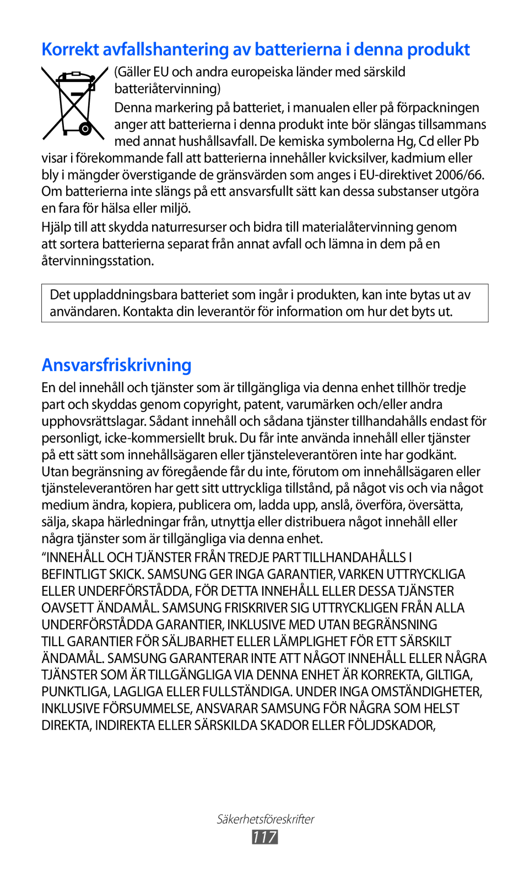 Samsung GT-P7310FKENEE, GT-P7310FKANEE, GT-P7310UWENEE manual Korrekt avfallshantering av batterierna i denna produkt 