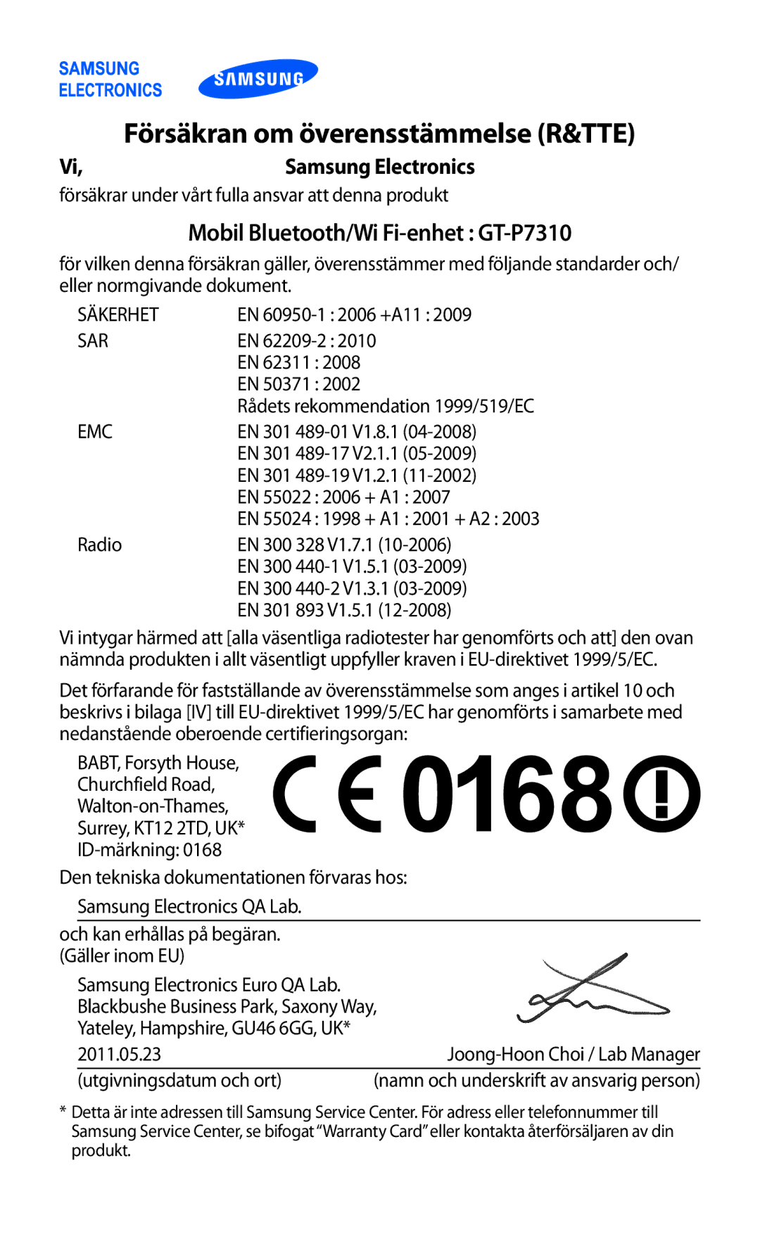 Samsung GT-P7310UWENEE, GT-P7310FKANEE, GT-P7310FKENEE, GT-P7310UWANEE manual Försäkran om överensstämmelse R&TTE 