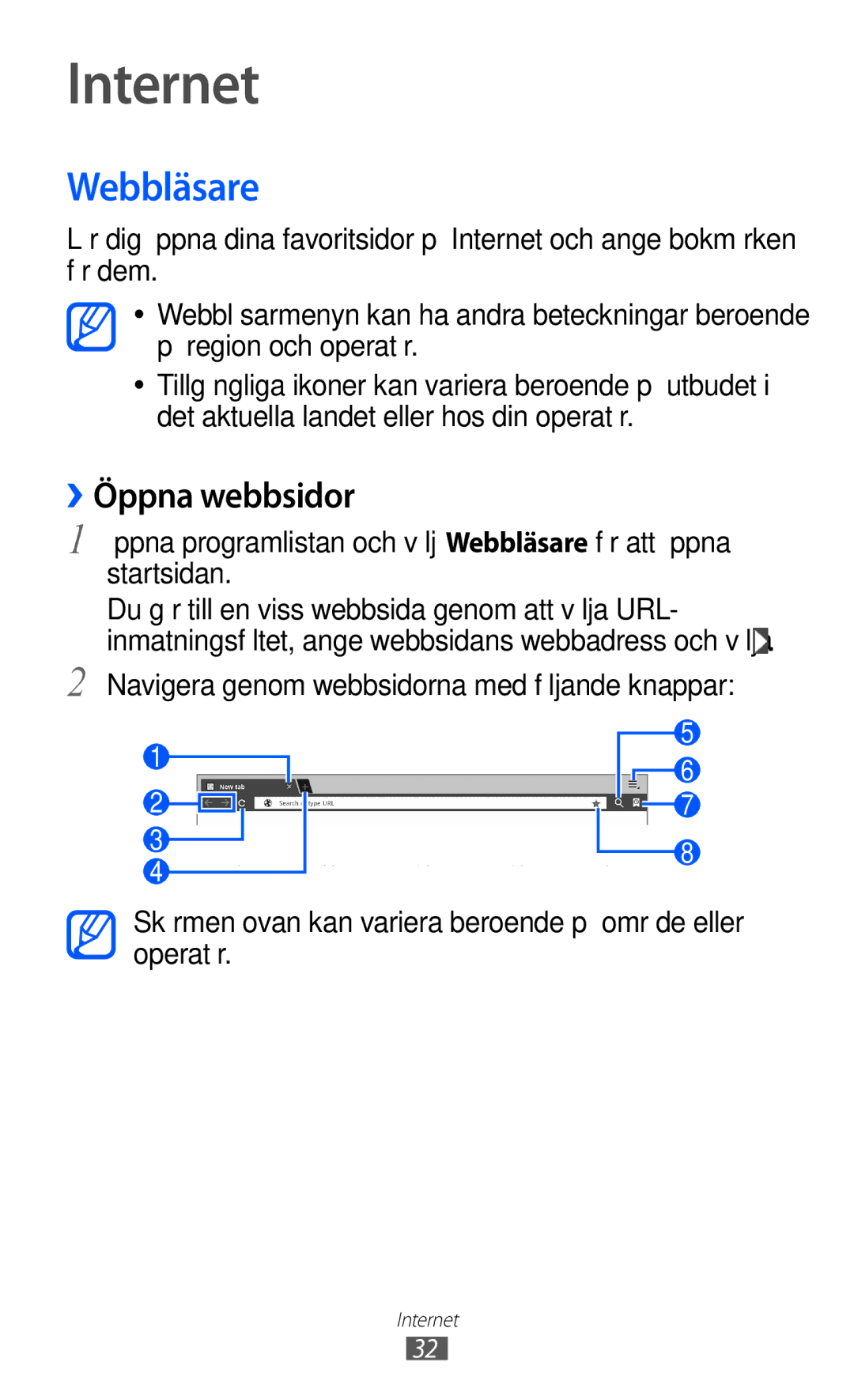 Samsung GT-P7310FKANEE, GT-P7310FKENEE, GT-P7310UWENEE, GT-P7310UWANEE manual Internet, Webbläsare, ››Öppna webbsidor 