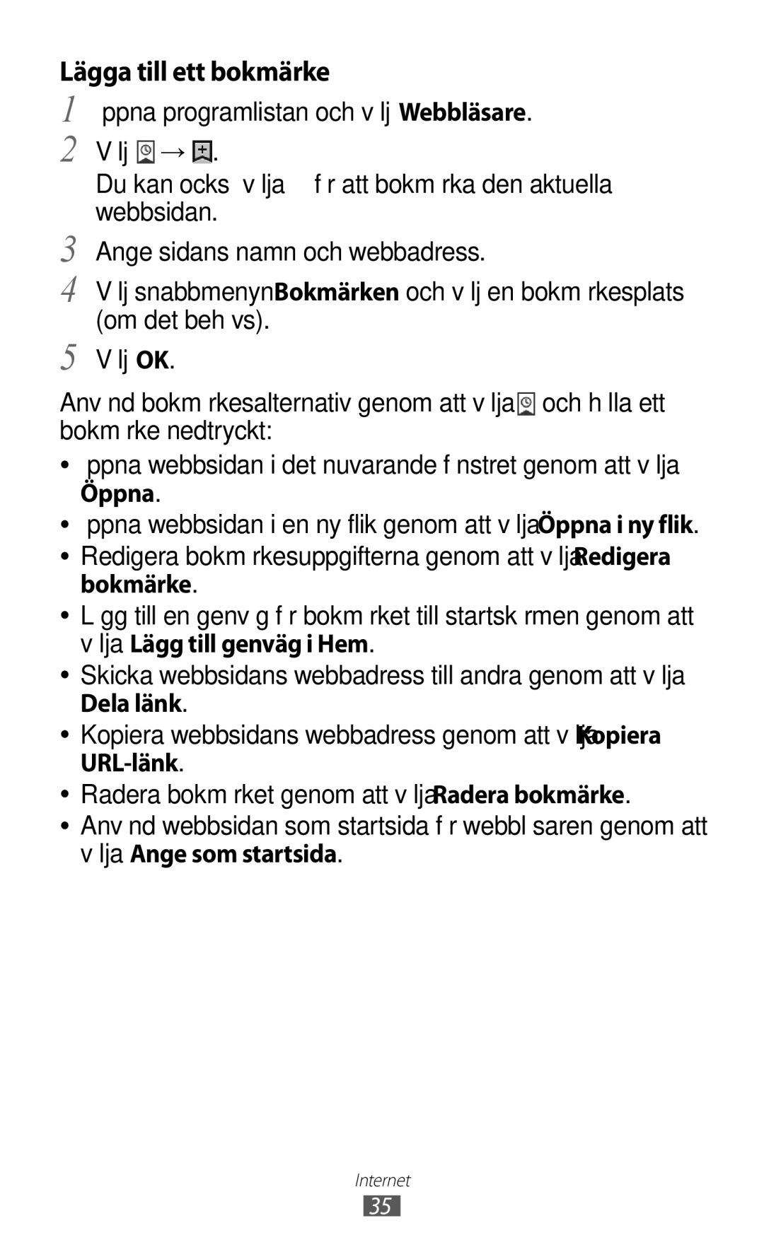 Samsung GT-P7310UWANEE, GT-P7310FKANEE, GT-P7310FKENEE, GT-P7310UWENEE manual Lägga till ett bokmärke 