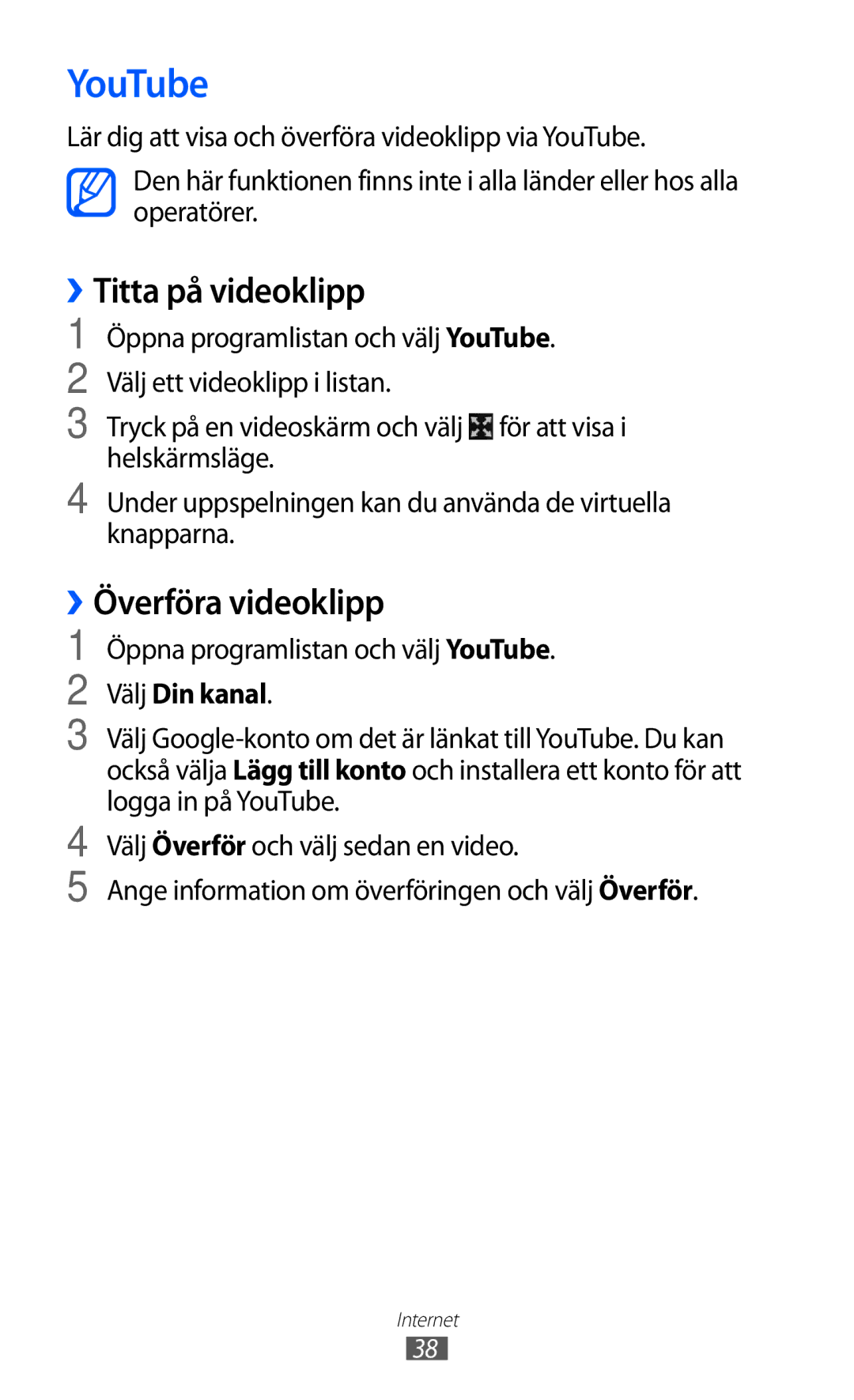 Samsung GT-P7310UWENEE manual ››Titta på videoklipp, ››Överföra videoklipp, Öppna programlistan och välj YouTube 