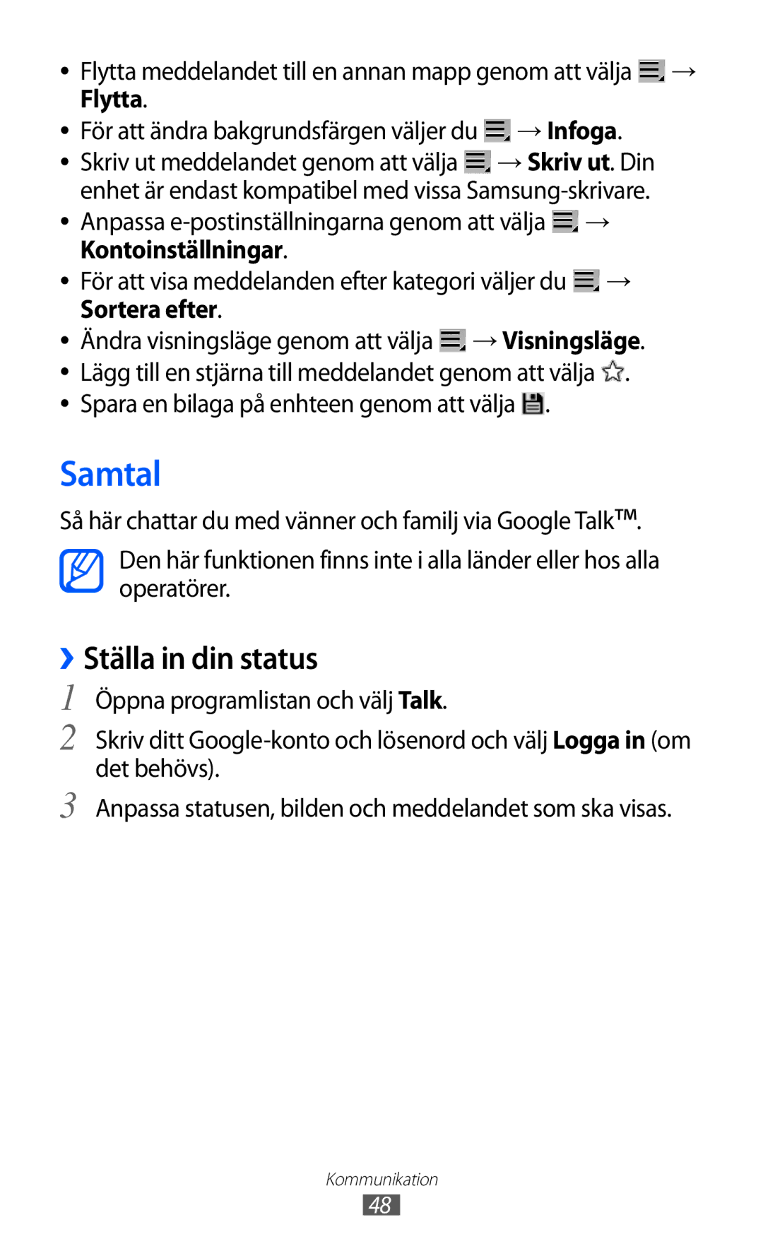 Samsung GT-P7310FKANEE, GT-P7310FKENEE, GT-P7310UWENEE, GT-P7310UWANEE manual Samtal, ››Ställa in din status 