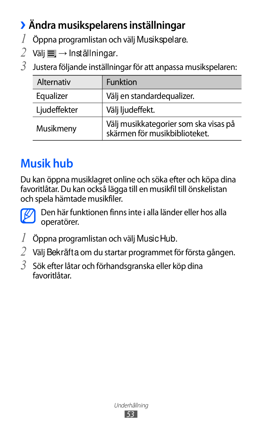 Samsung GT-P7310FKENEE manual Musik hub, ››Ändra musikspelarens inställningar, Öppna programlistan och välj Musikspelare 