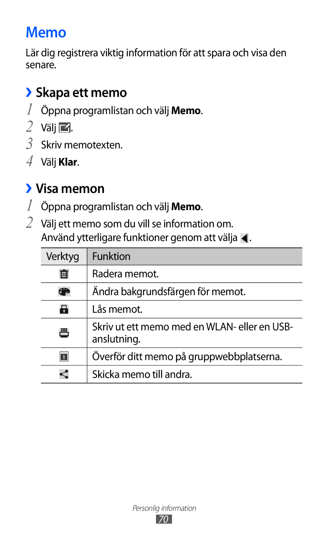 Samsung GT-P7310UWENEE, GT-P7310FKANEE manual ››Skapa ett memo, ››Visa memon, Öppna programlistan och välj Memo 