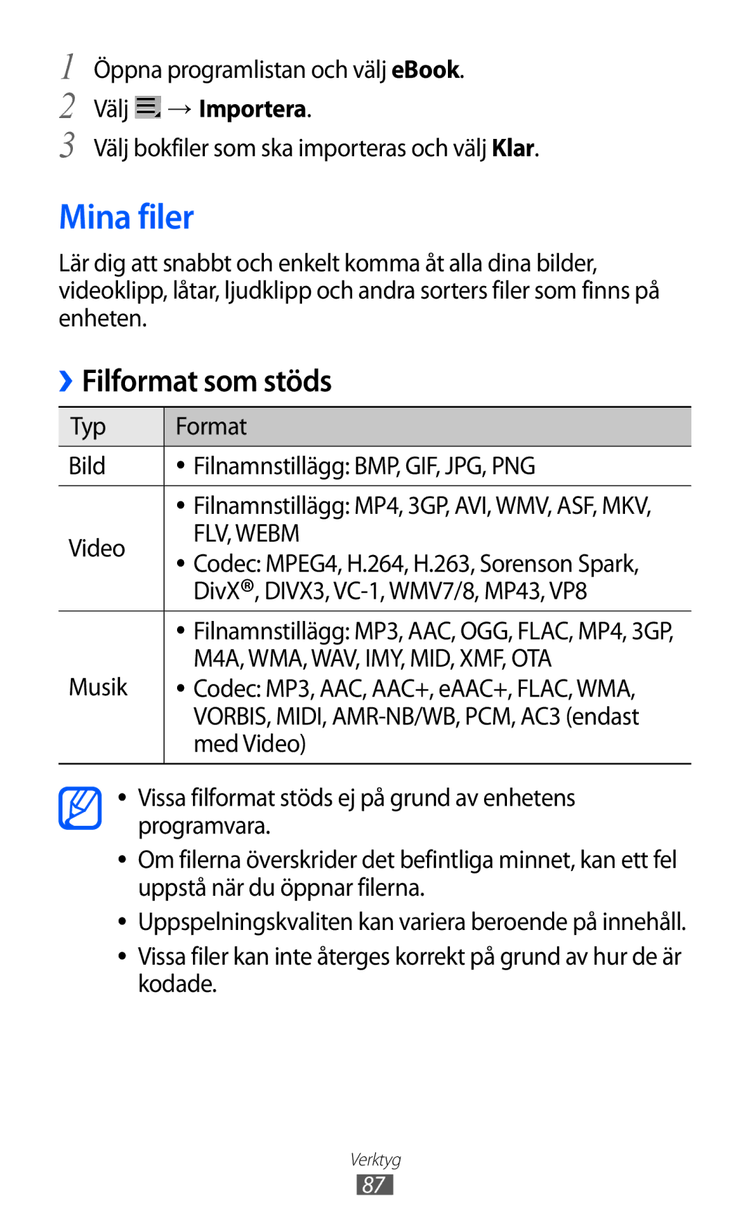 Samsung GT-P7310UWANEE Mina filer, Välj → Importera, Välj bokfiler som ska importeras och välj Klar, Musik, Med Video 