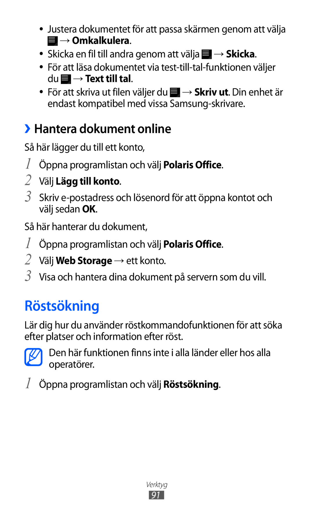 Samsung GT-P7310UWANEE, GT-P7310FKANEE, GT-P7310FKENEE manual Röstsökning, ››Hantera dokument online, Välj Lägg till konto 