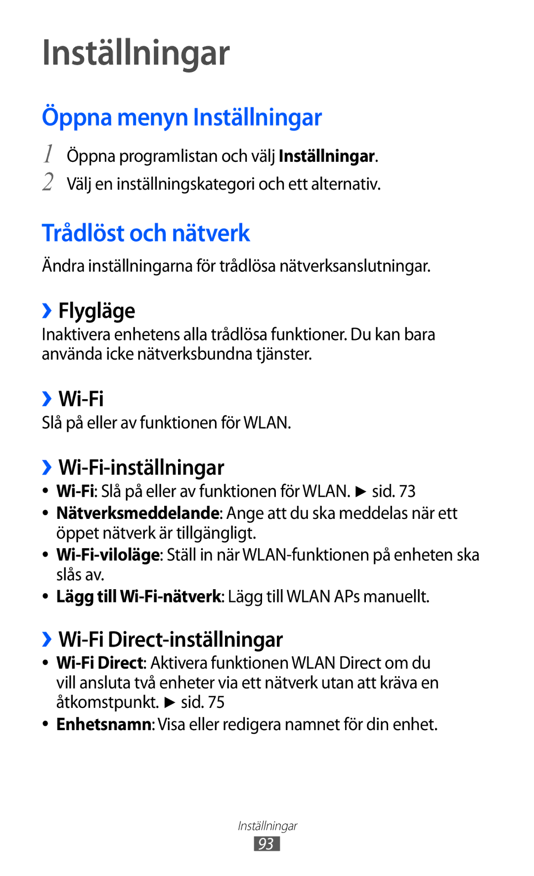 Samsung GT-P7310FKENEE, GT-P7310FKANEE, GT-P7310UWENEE, GT-P7310UWANEE Öppna menyn Inställningar, Trådlöst och nätverk 