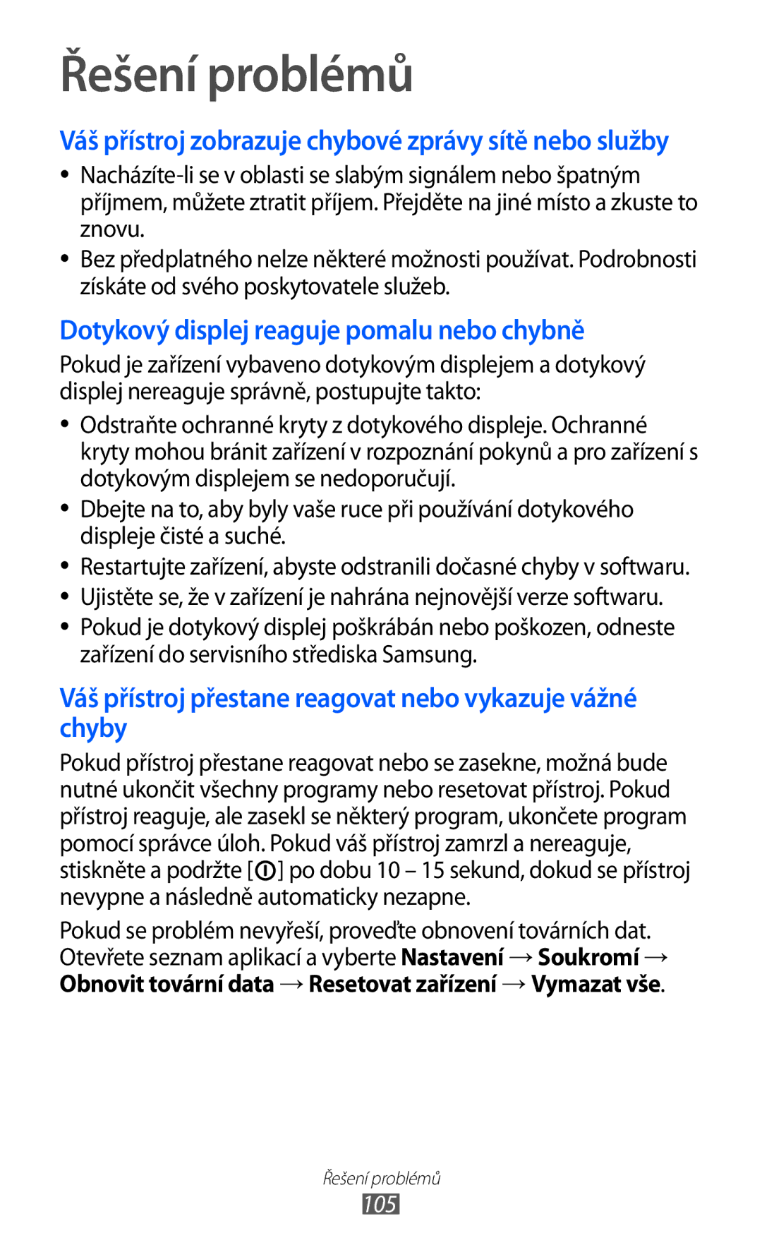 Samsung GT-P7310FKAO2C, GT-P7310FKAROM manual Řešení problémů, Váš přístroj zobrazuje chybové zprávy sítě nebo služby 