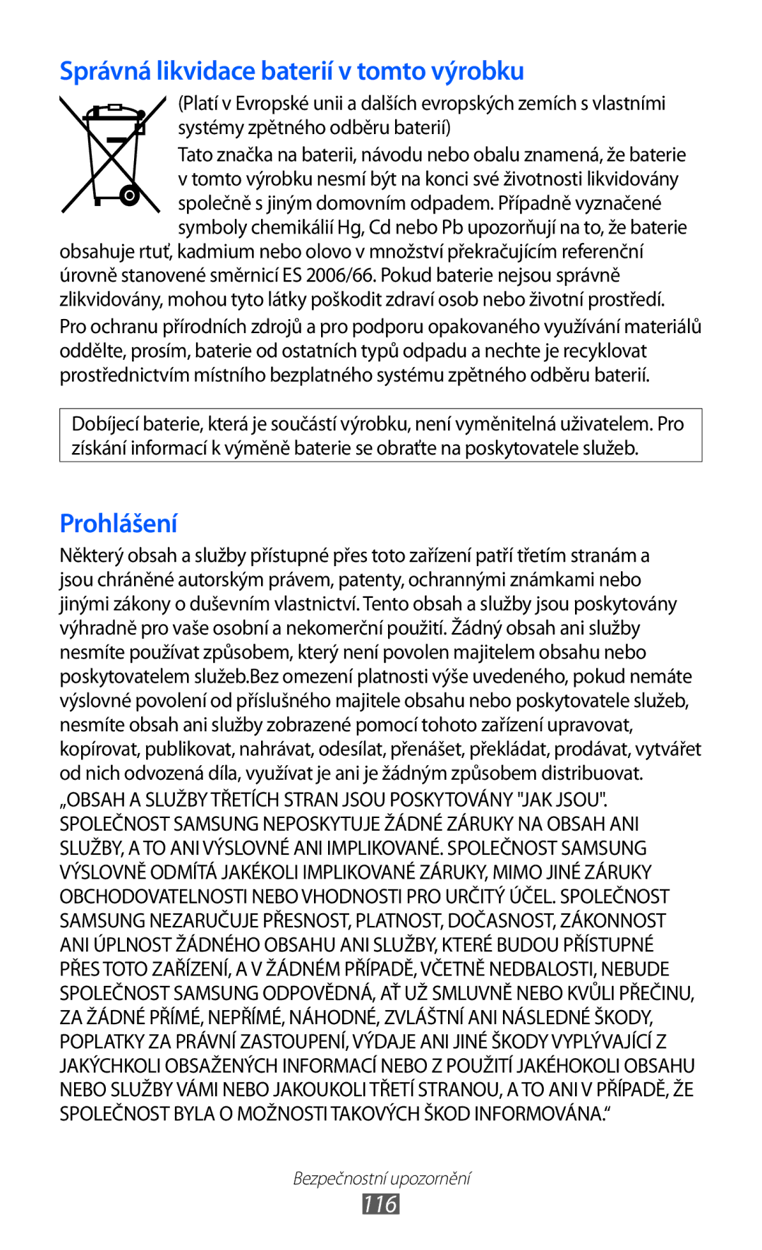 Samsung GT-P7310FKAAUT, GT-P7310FKAO2C, GT-P7310FKAROM, GT-P7310FKAXEZ manual Správná likvidace baterií v tomto výrobku 