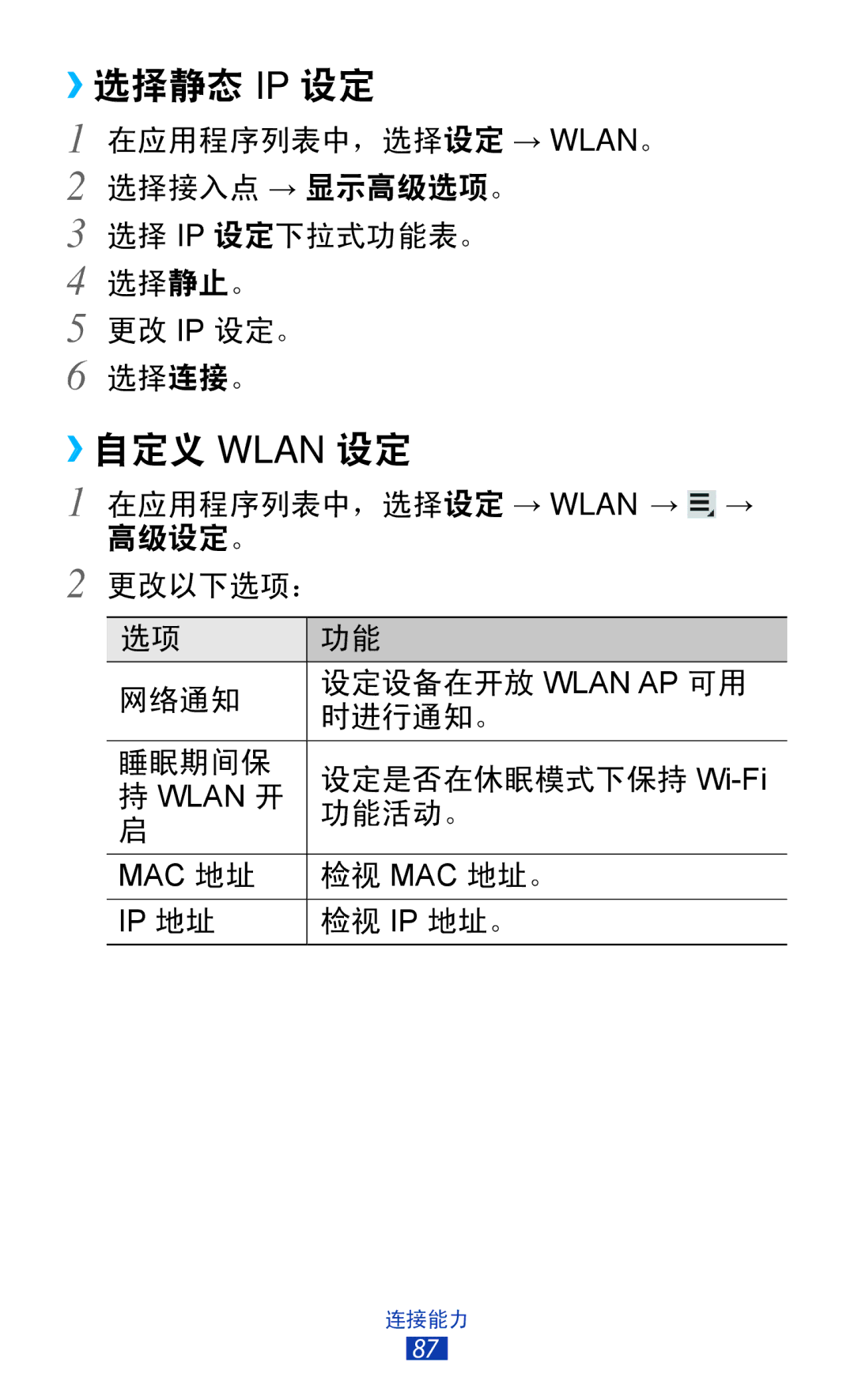 Samsung GT-P7310UWAXXV, GT-P7310FKAXXV, GT-P7310FKAXEV, GT-P7310UWAXEV manual ››选择静态 Ip 设定, ››自定义 Wlan 设定 