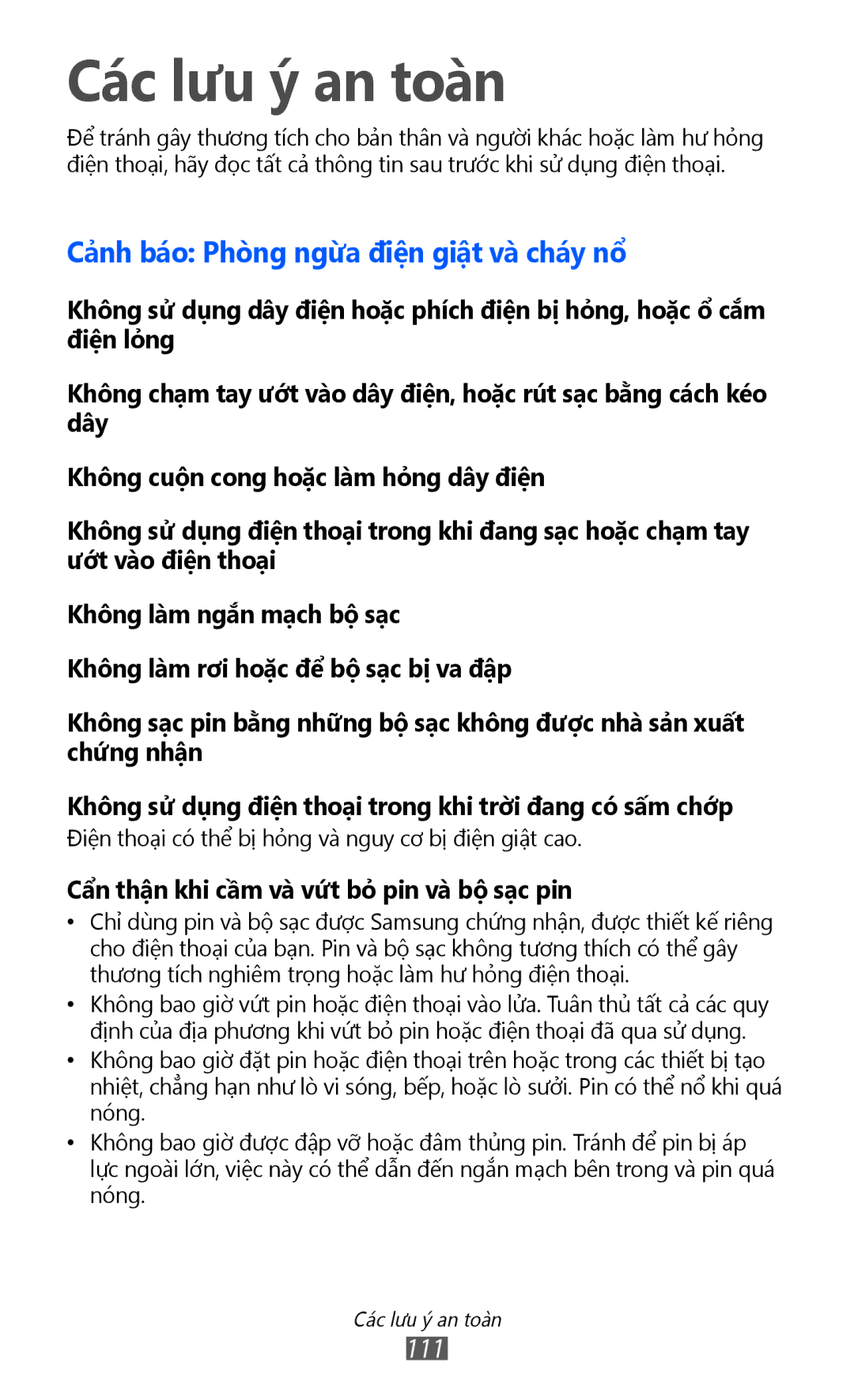 Samsung GT-P7310UWAXXV, GT-P7310FKAXXV, GT-P7310FKAXEV manual Các lưu ý an toàn, Cả̉nh báo Phòng ngừa điện giật và cháy nổ 