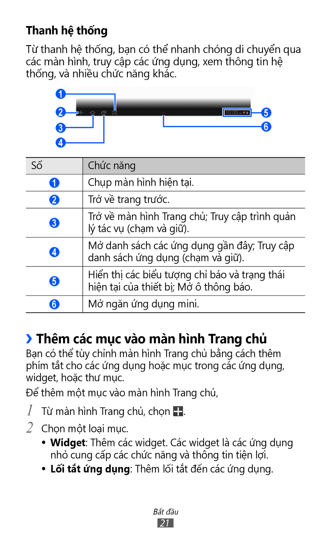 Samsung GT-P7310FKAXEV, GT-P7310FKAXXV, GT-P7310UWAXEV manual ››Thêm các mục vào màn hì̀nh Trang chủ, Thanh hệ thống 