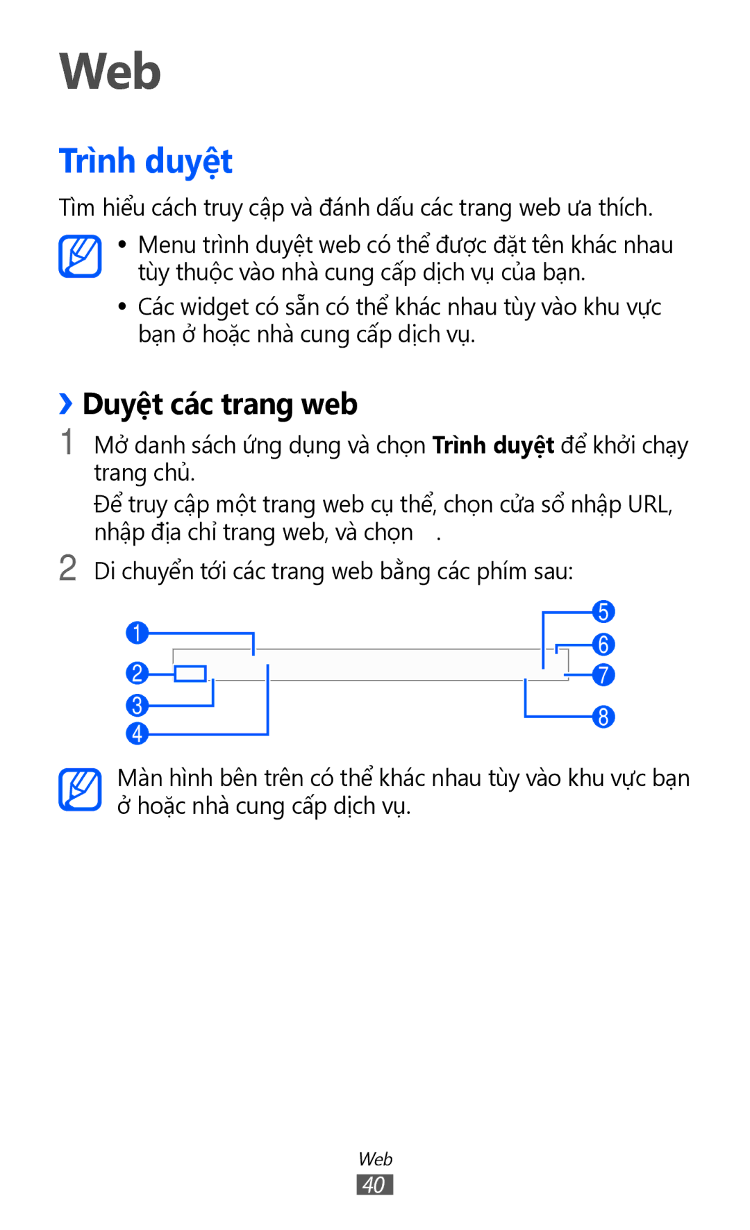 Samsung GT-P7310FKAXXV, GT-P7310FKAXEV, GT-P7310UWAXEV, GT-P7310UWAXXV manual Web, Trì̀nh duyệt, ››Duyệt các trang web 